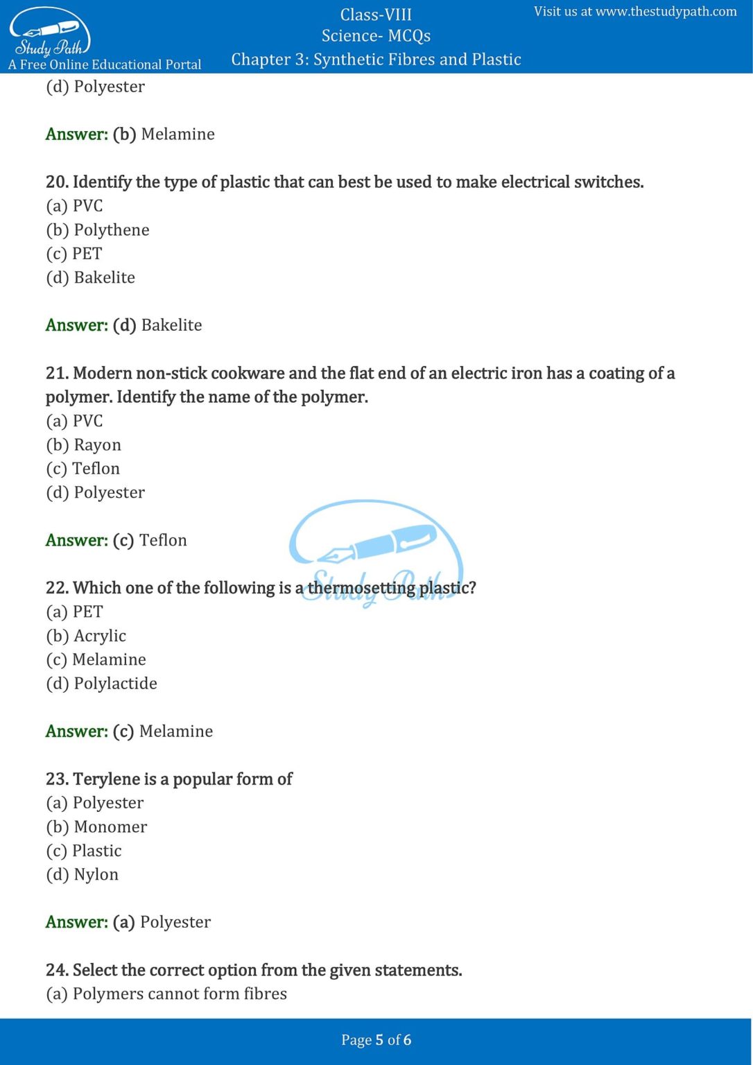 Class 8 Science Chapter 3 Synthetic Fibres and Plastics MCQ with Answers