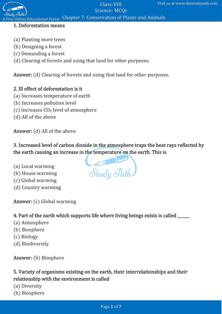 Class 8 Science Chapter 7 Conservation Of Plants And Animals MCQ With ...