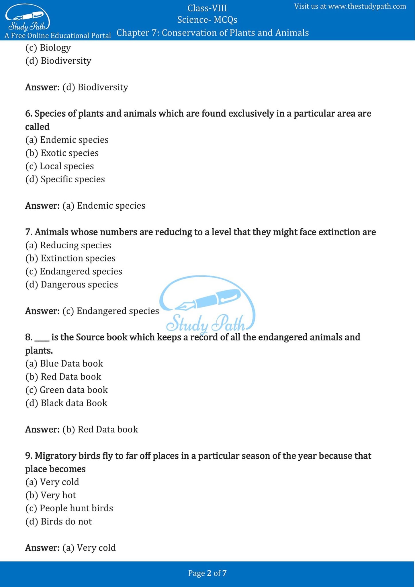 Class 8 Science Chapter 7 Conservation Of Plants And Animals MCQ With ...