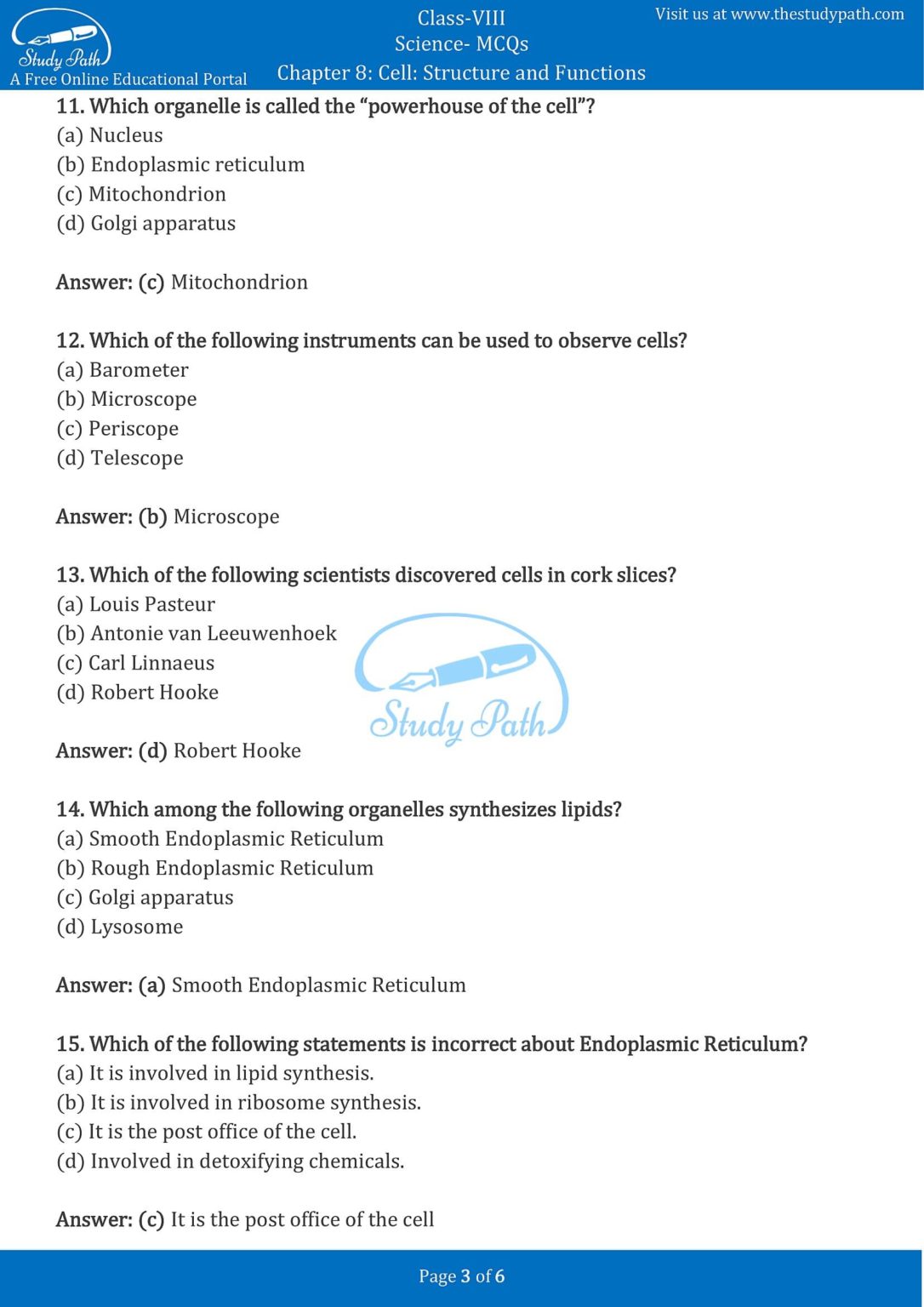 Class 8 Science Chapter 8 Cell Structure And Functions MCQ With Answers