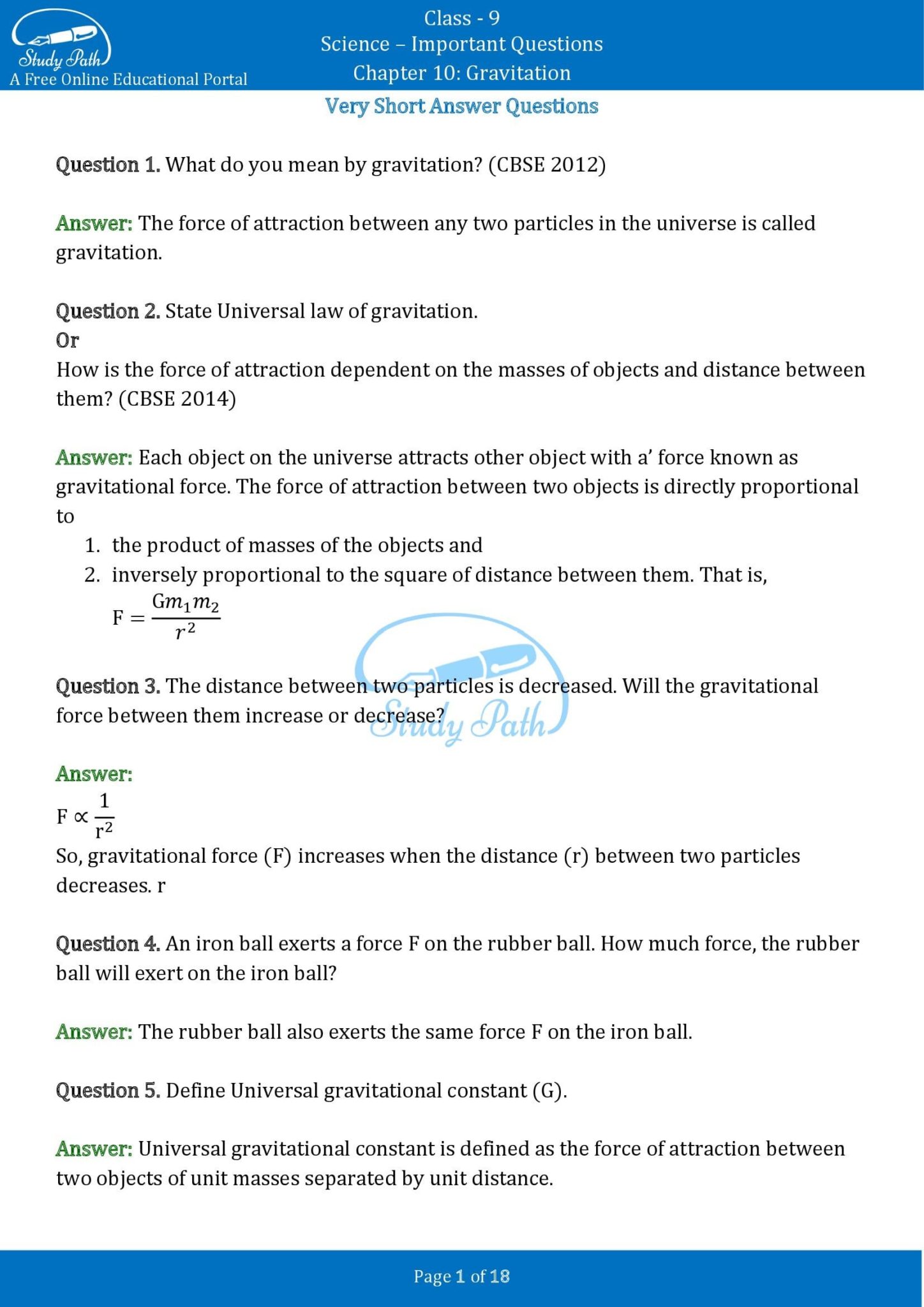 case study based questions class 9 physics gravitation