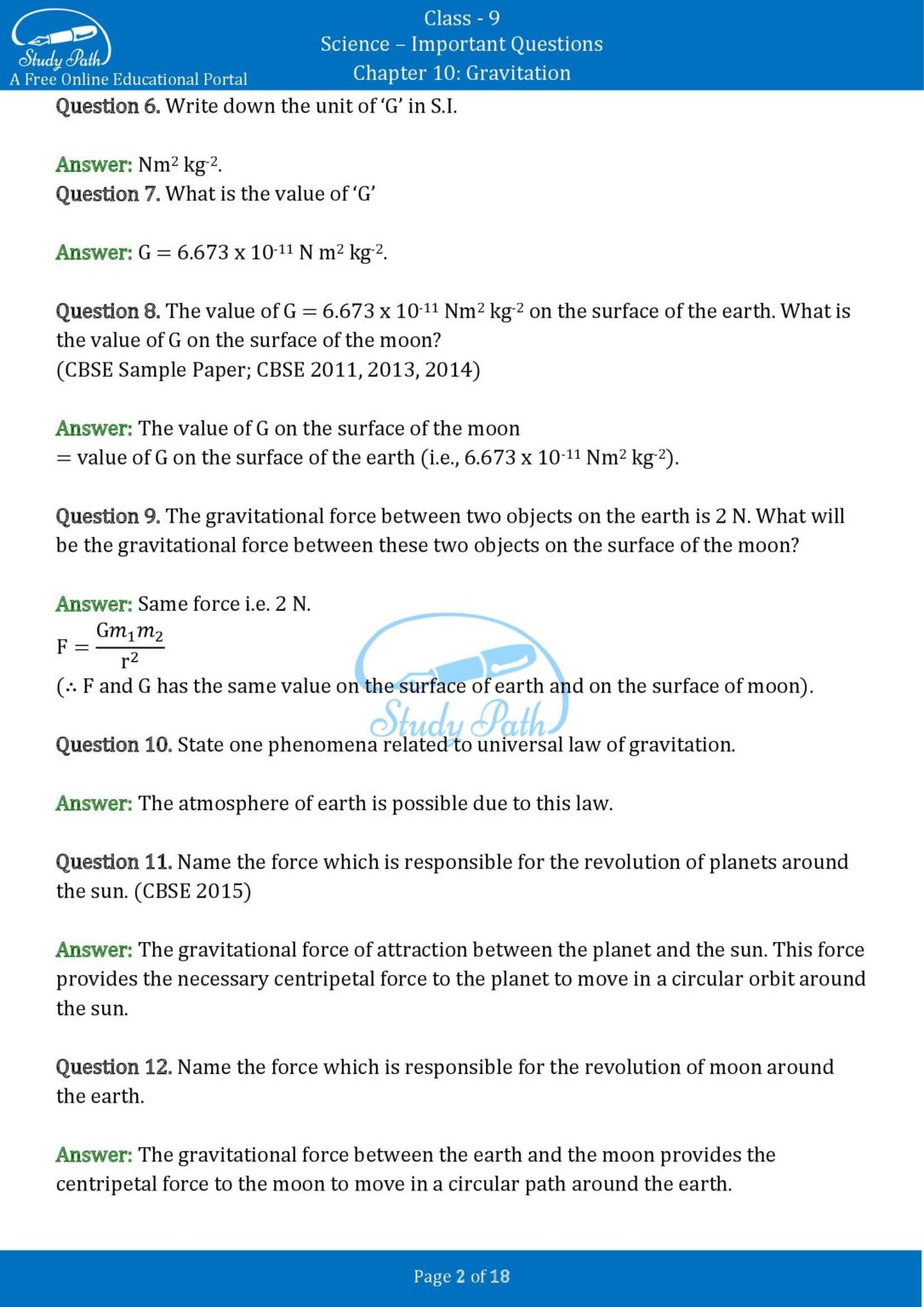 case study based questions class 9 physics gravitation