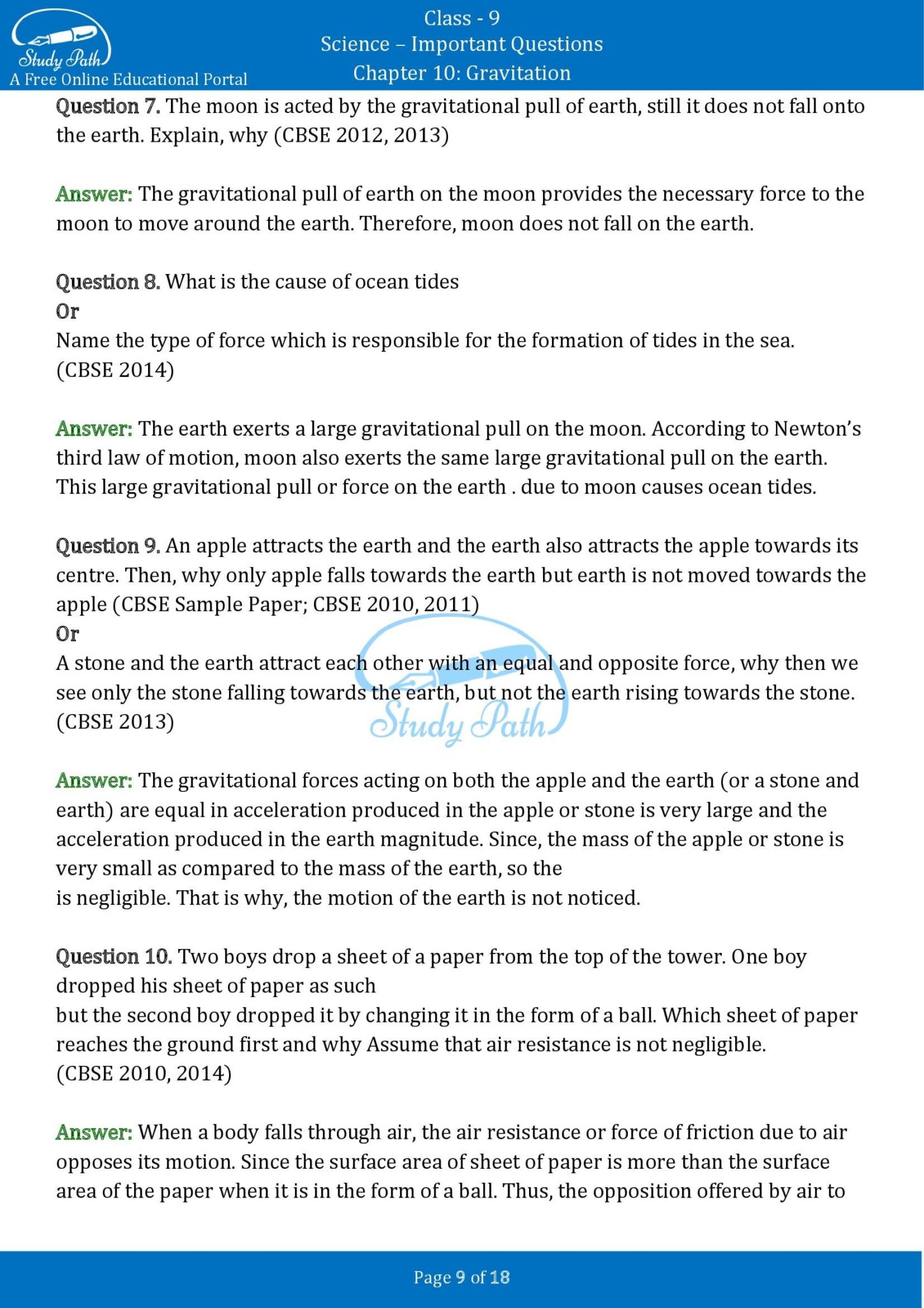 important-questions-for-class-9-science-chapter-10-gravitation-study-path