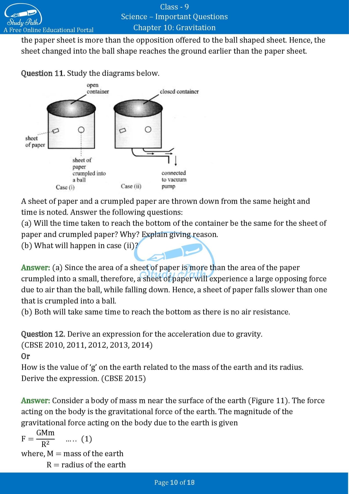 case study questions on gravitation class 9