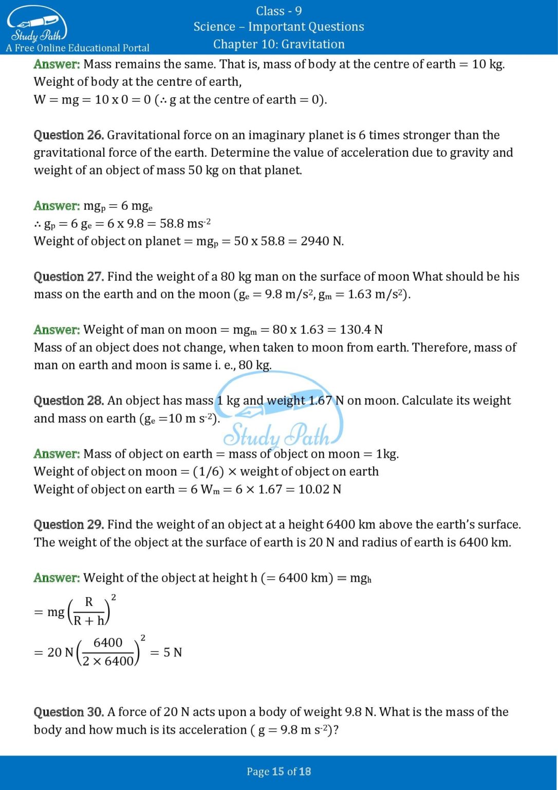 Important Questions For Class 9 Science Chapter 10 Gravitation – Study Path