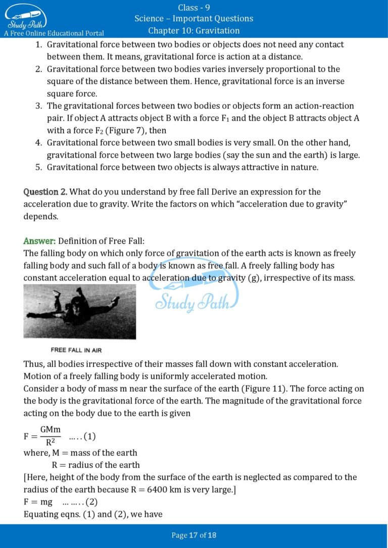 Important Questions For Class 9 Science Chapter 10 Gravitation – Study Path