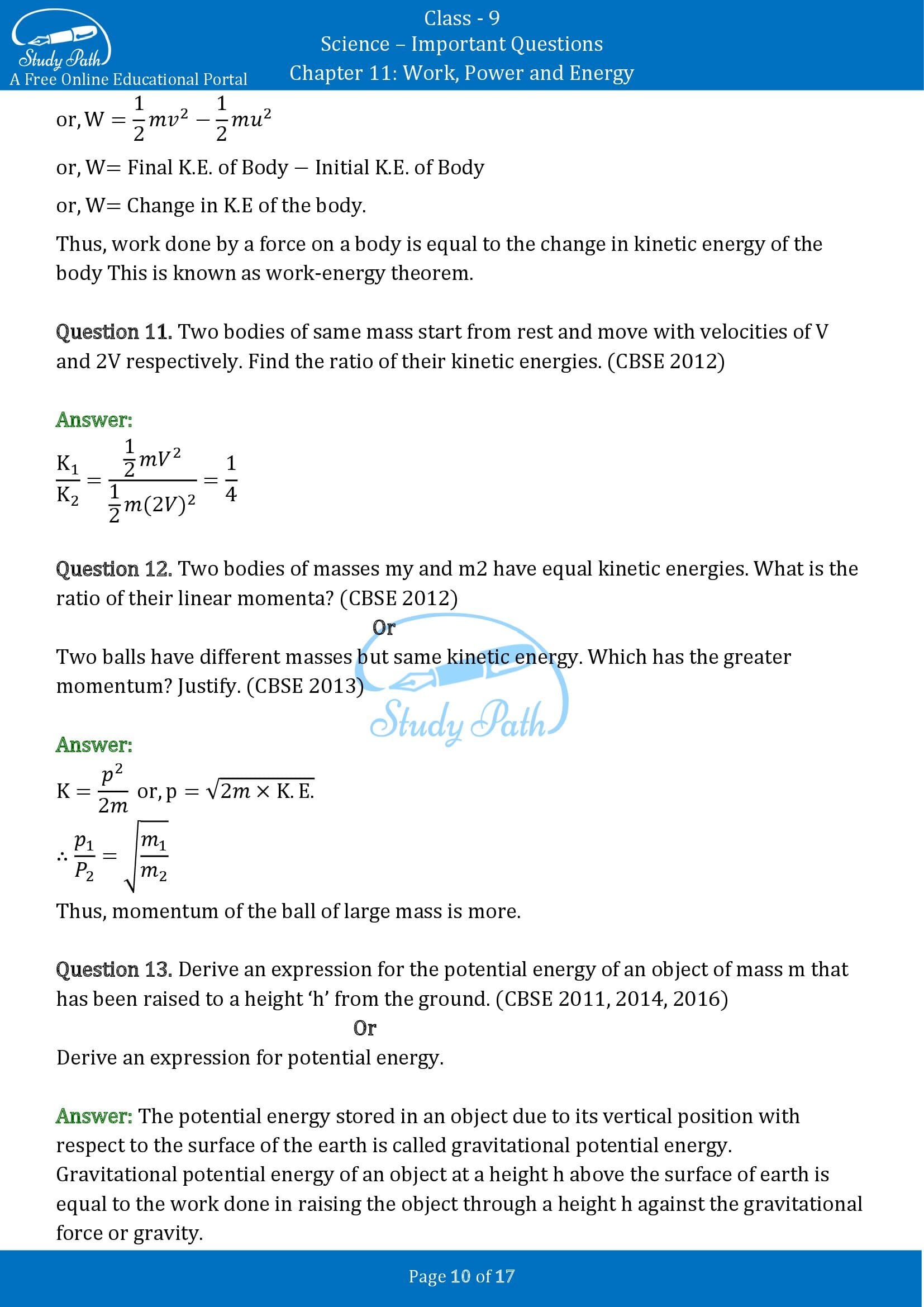 case study questions work and energy class 9