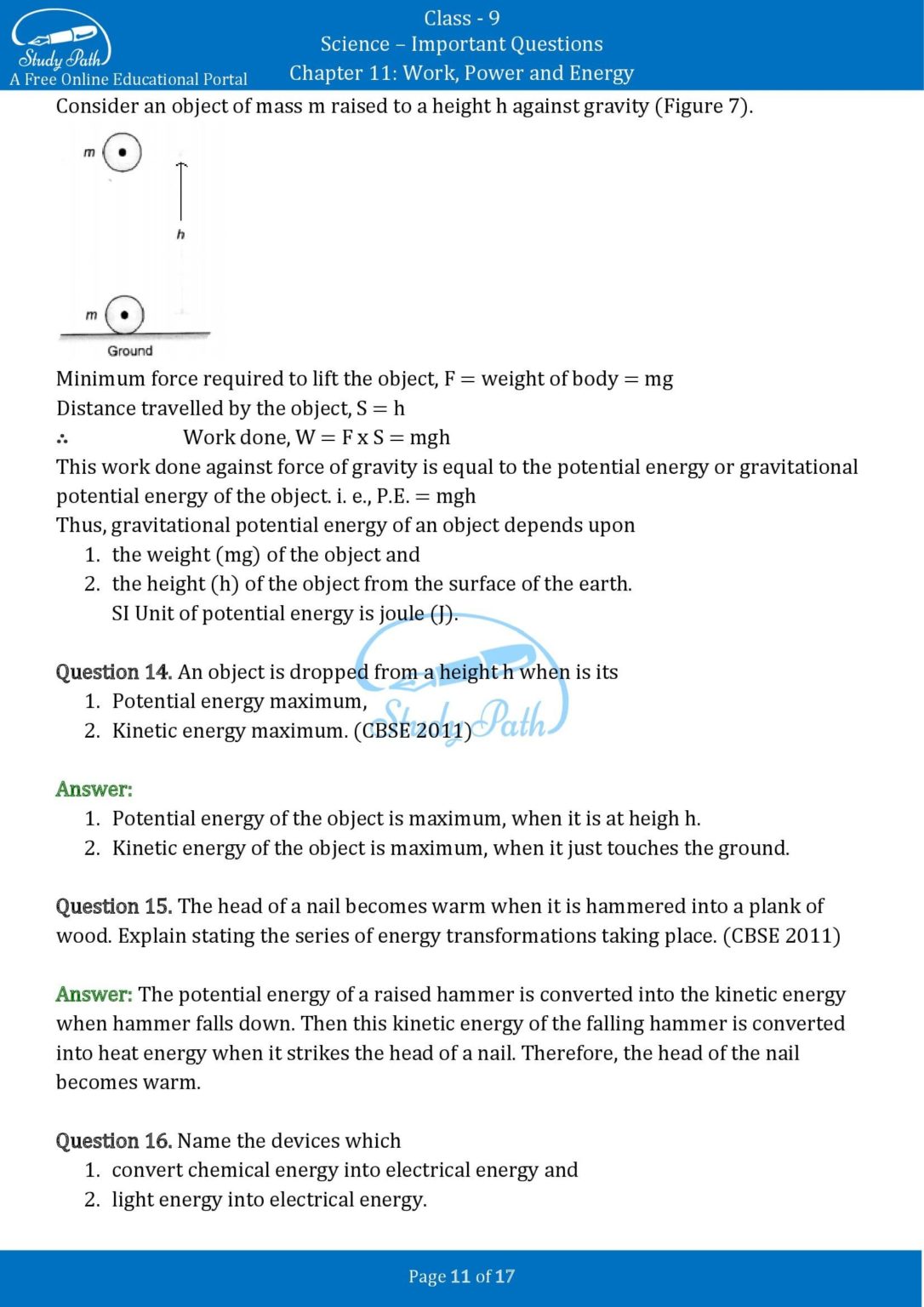 Important Questions For Class 9 Science Chapter 11 Work And Energy