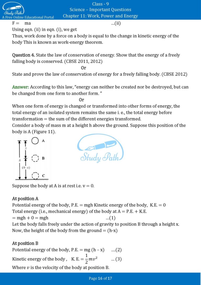 Important Questions for Class 9 Science Chapter 11 Work and Energy