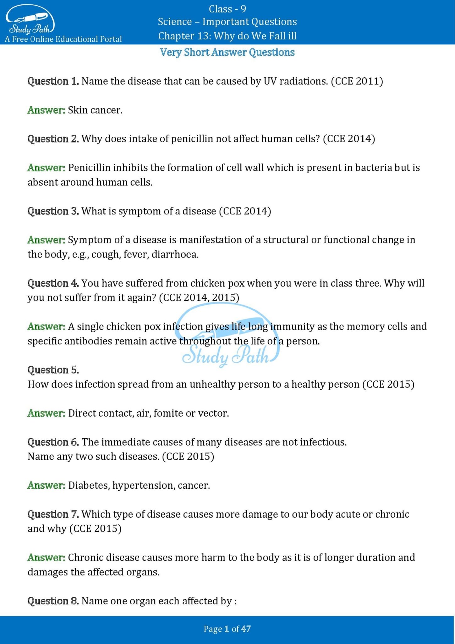 Very Short Answer Type Questions Class 9 Science