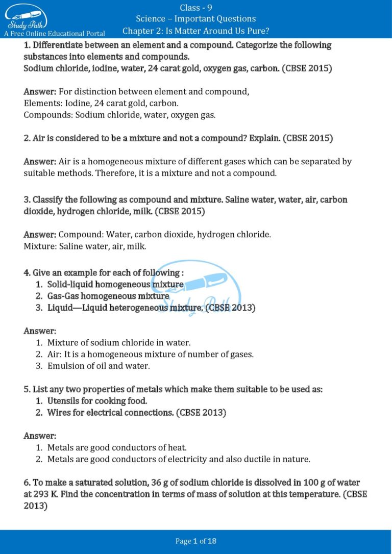 important-questions-for-class-9-science-chapter-2-is-matter-around-us-pure