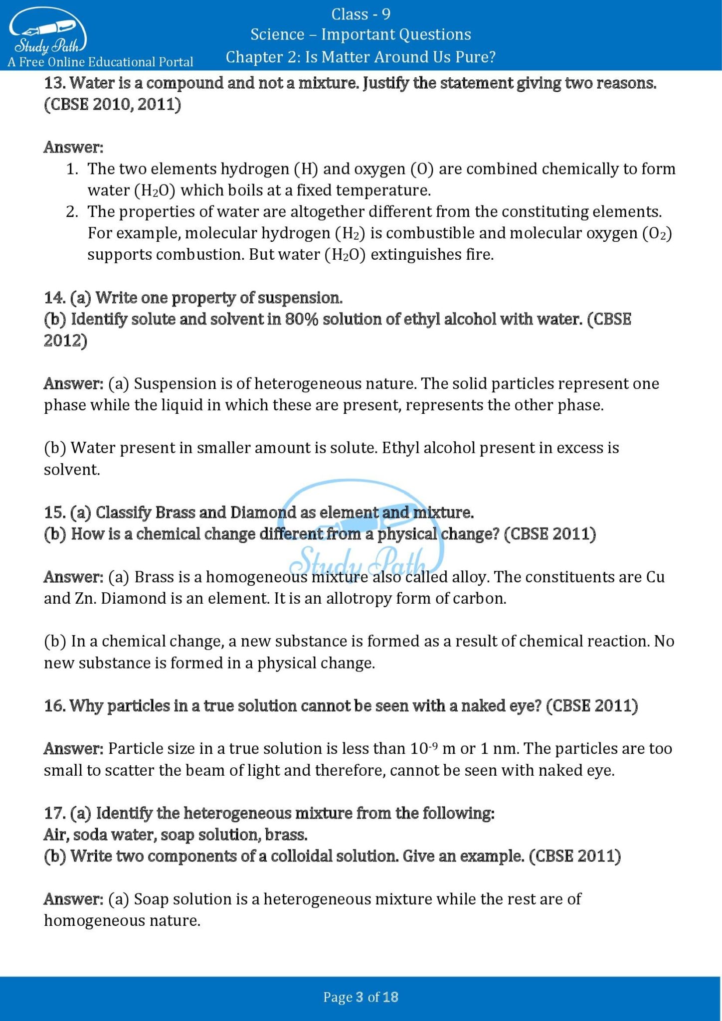 Important Questions For Class 9 Science Chapter 2 Is Matter Around Us Pure