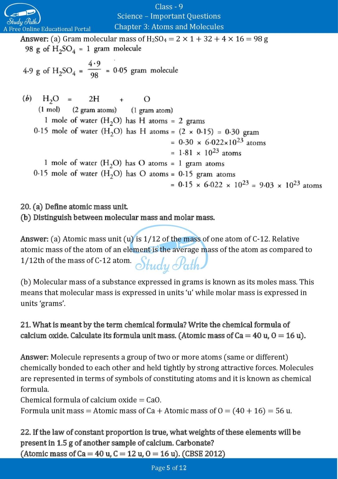 case study based questions class 9 science atoms and molecules