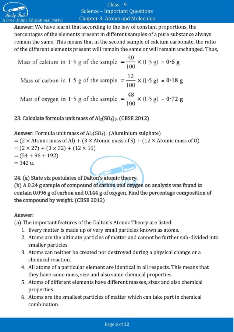 case study questions on atoms and molecules class 9