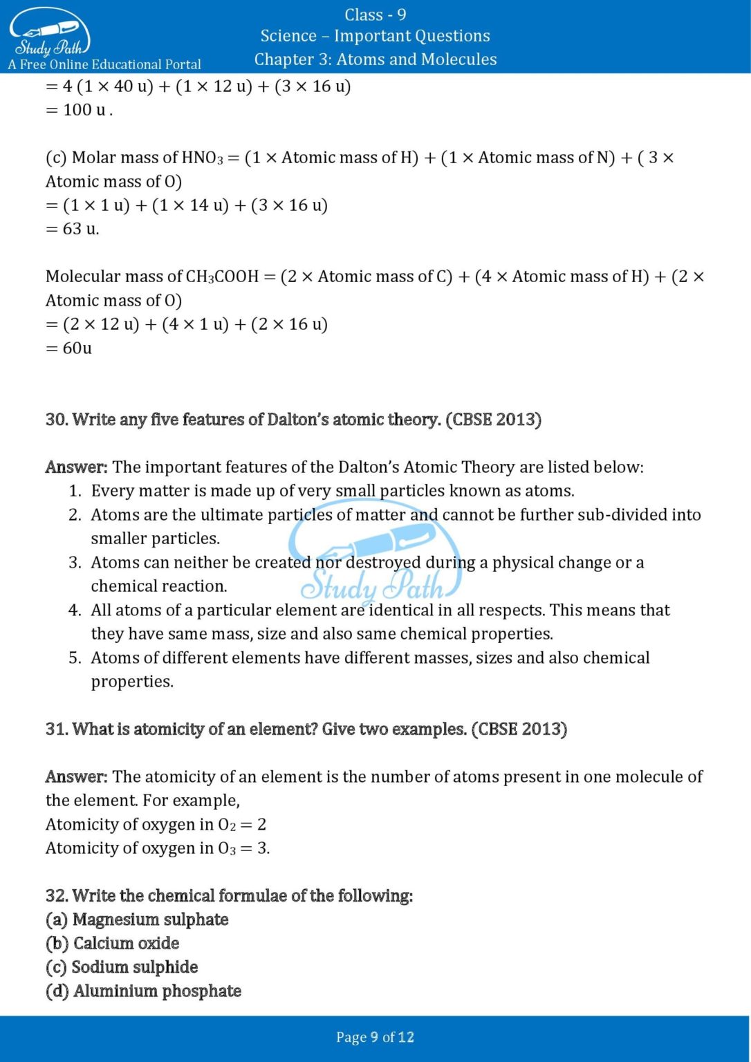 case study based questions class 9 science atoms and molecules