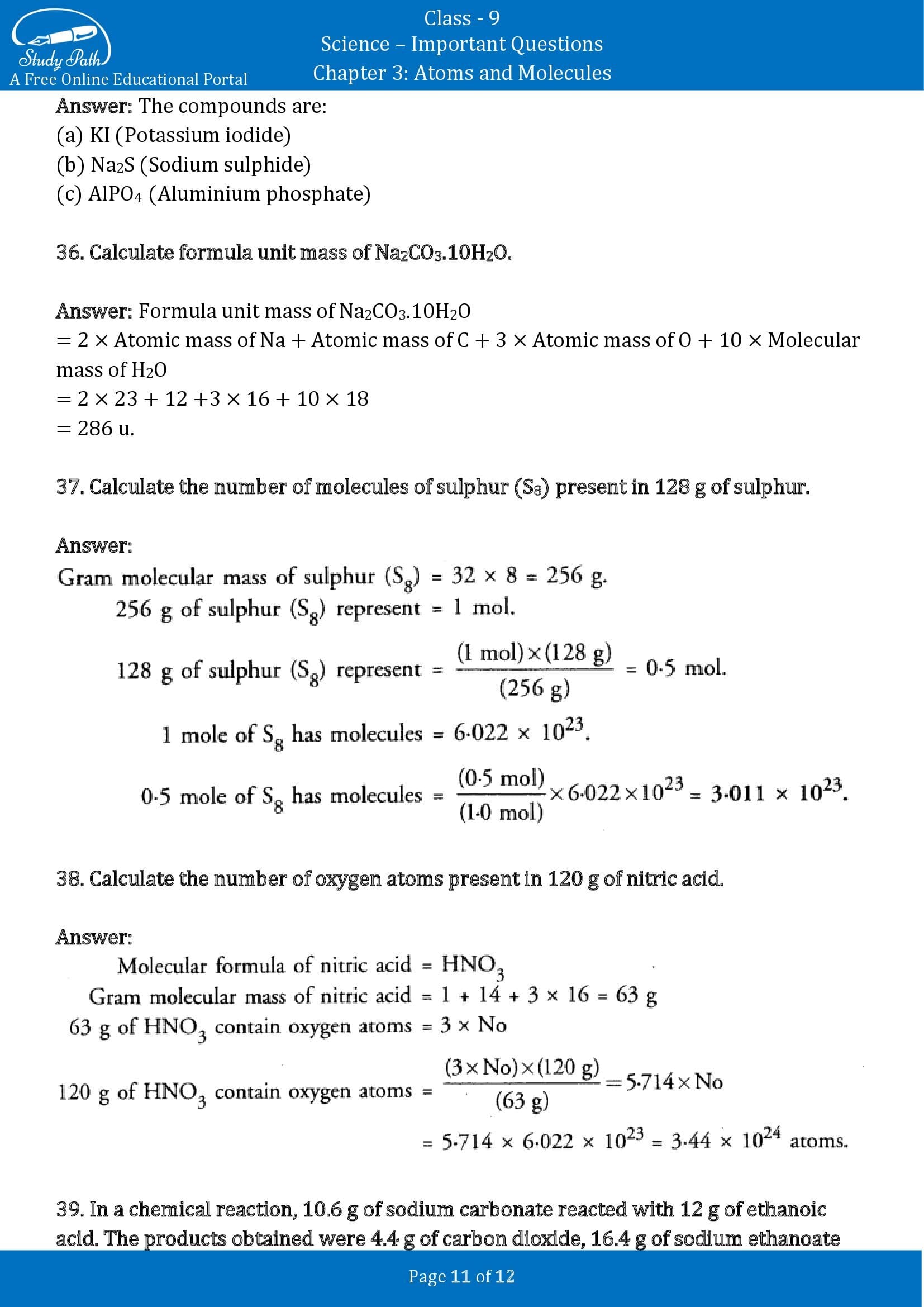 case study questions based on atoms and molecules class 9