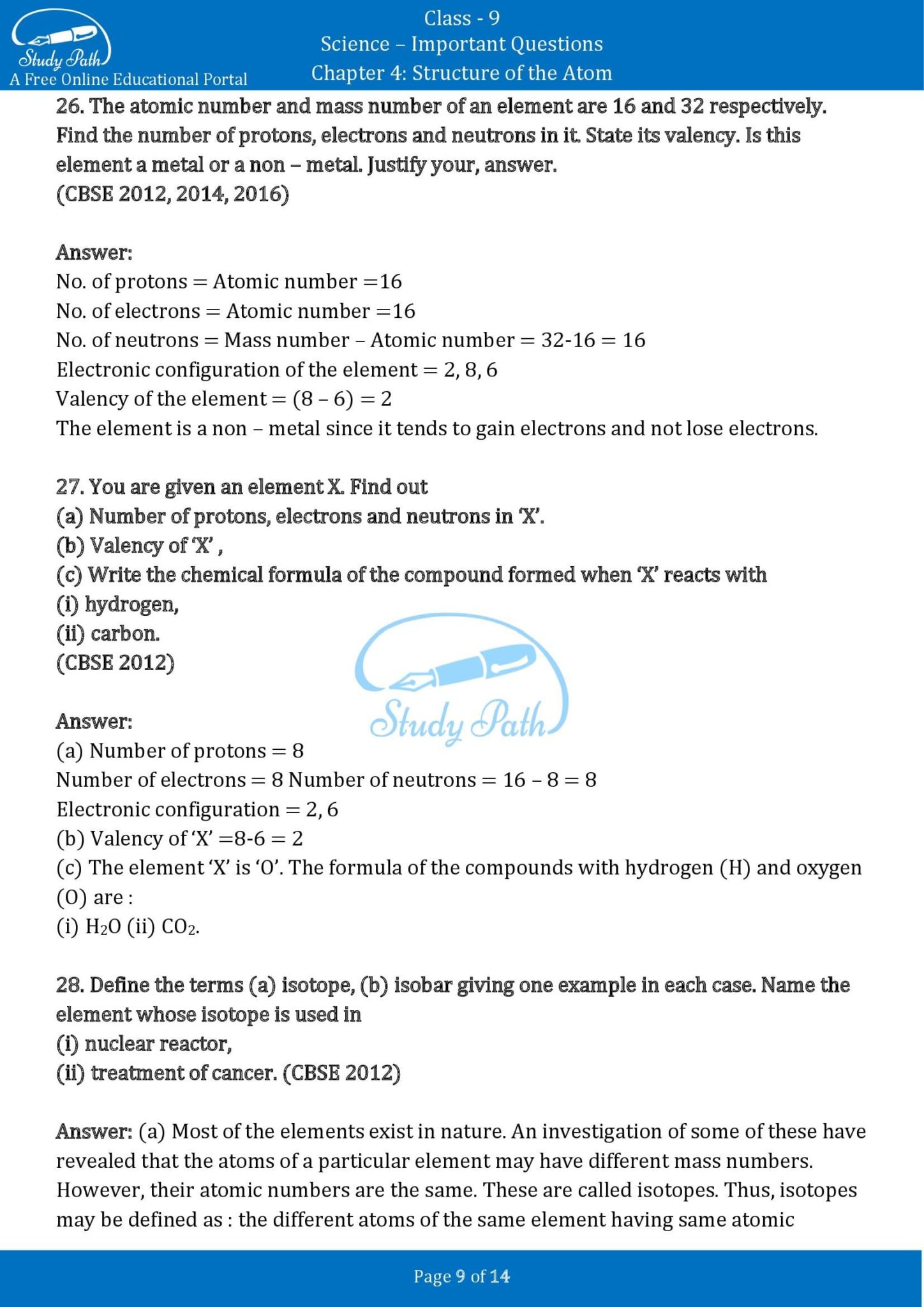 Important Questions For Class 9 Science Chapter 4 Structure Of The Atom