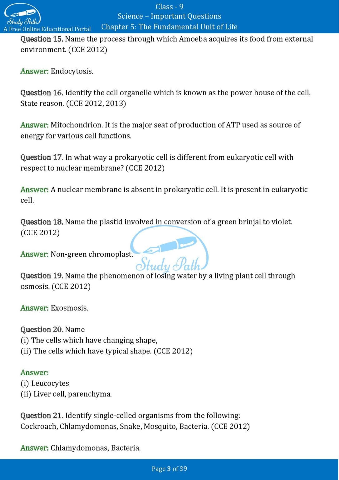 Important Questions For Class 9 Science Chapter 5 The Fundamental Unit ...