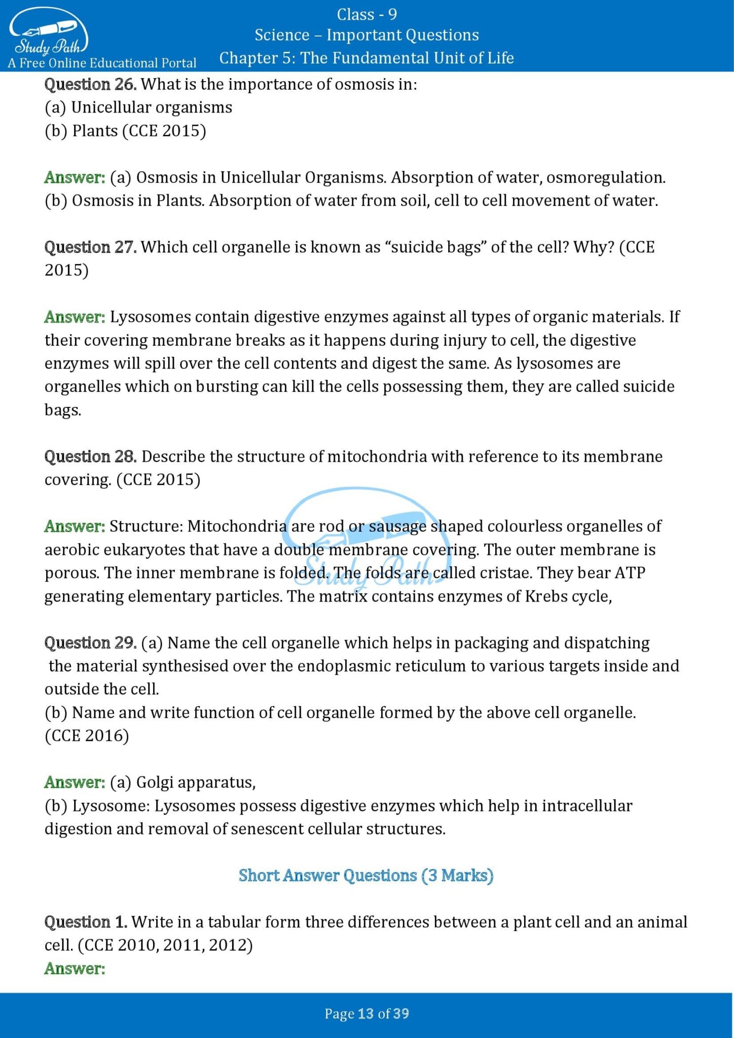 Important Questions For Class 9 Science Chapter 5 The Fundamental Unit ...