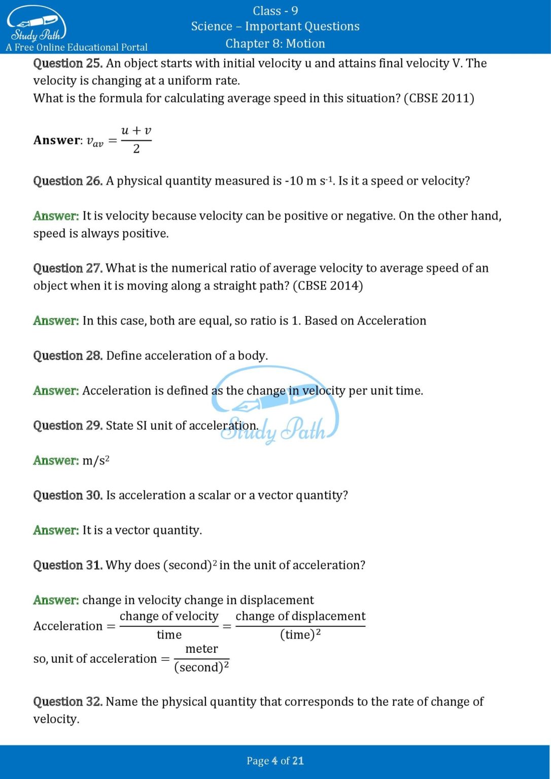 Important Questions For Class 9 Science Chapter 8 Motion – Study Path