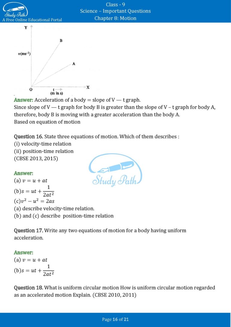 Important Questions For Class 9 Science Chapter 8 Motion – Study Path