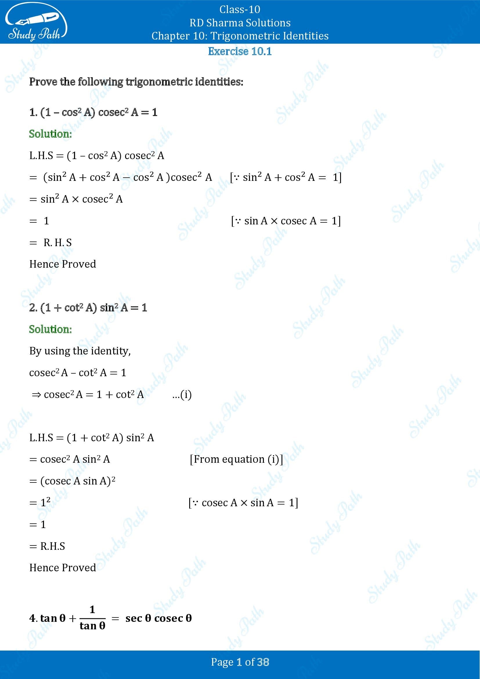 RD Sharma Solutions Class 10 Chapter 10 Trigonometric Identities Exercise 10.1 00001