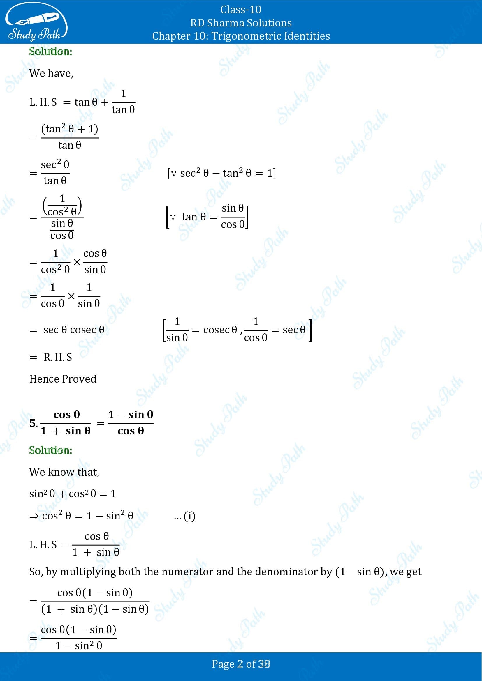 RD Sharma Solutions Class 10 Chapter 10 Trigonometric Identities Exercise 10.1 00002