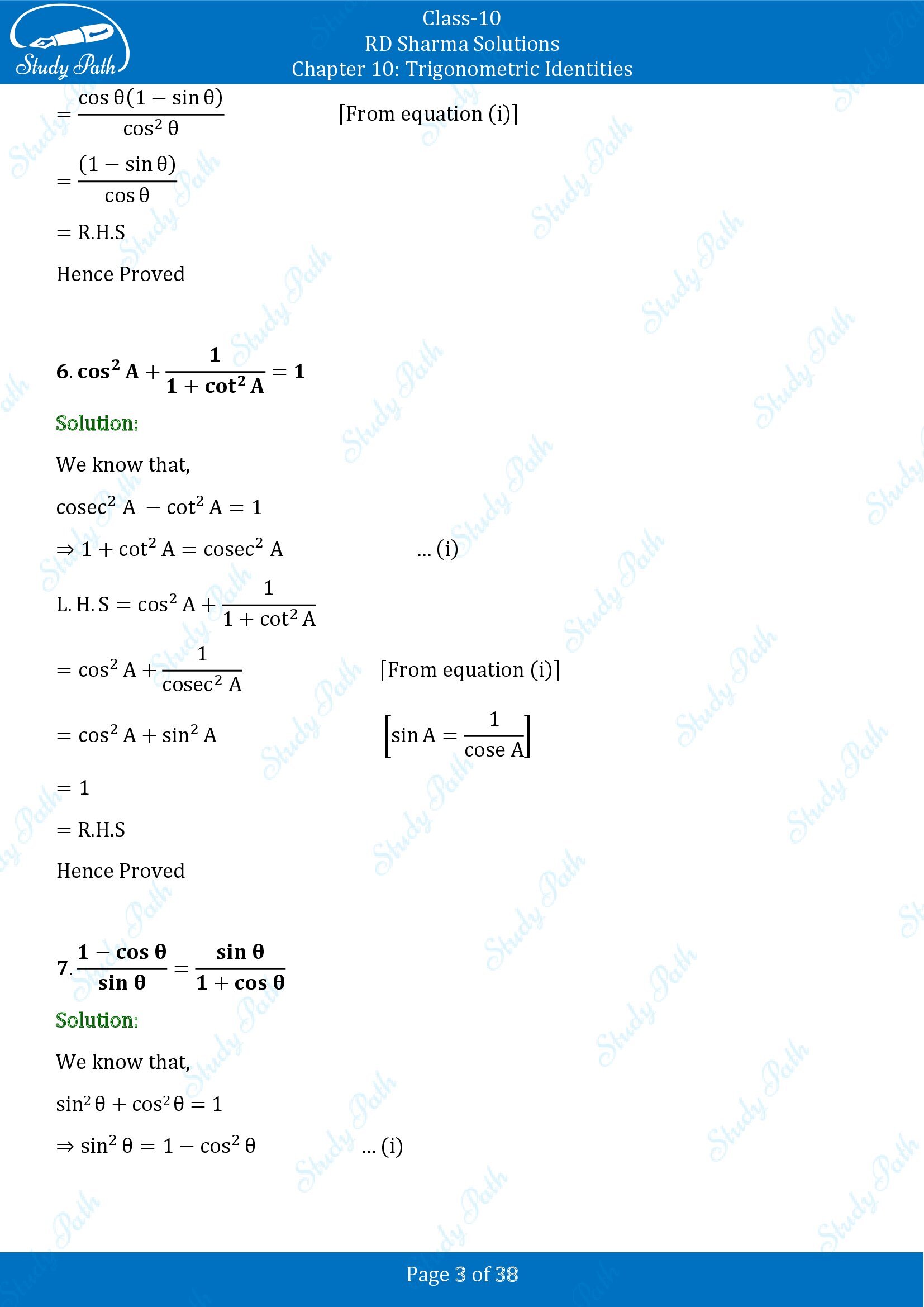 RD Sharma Solutions Class 10 Chapter 10 Trigonometric Identities Exercise 10.1 00003