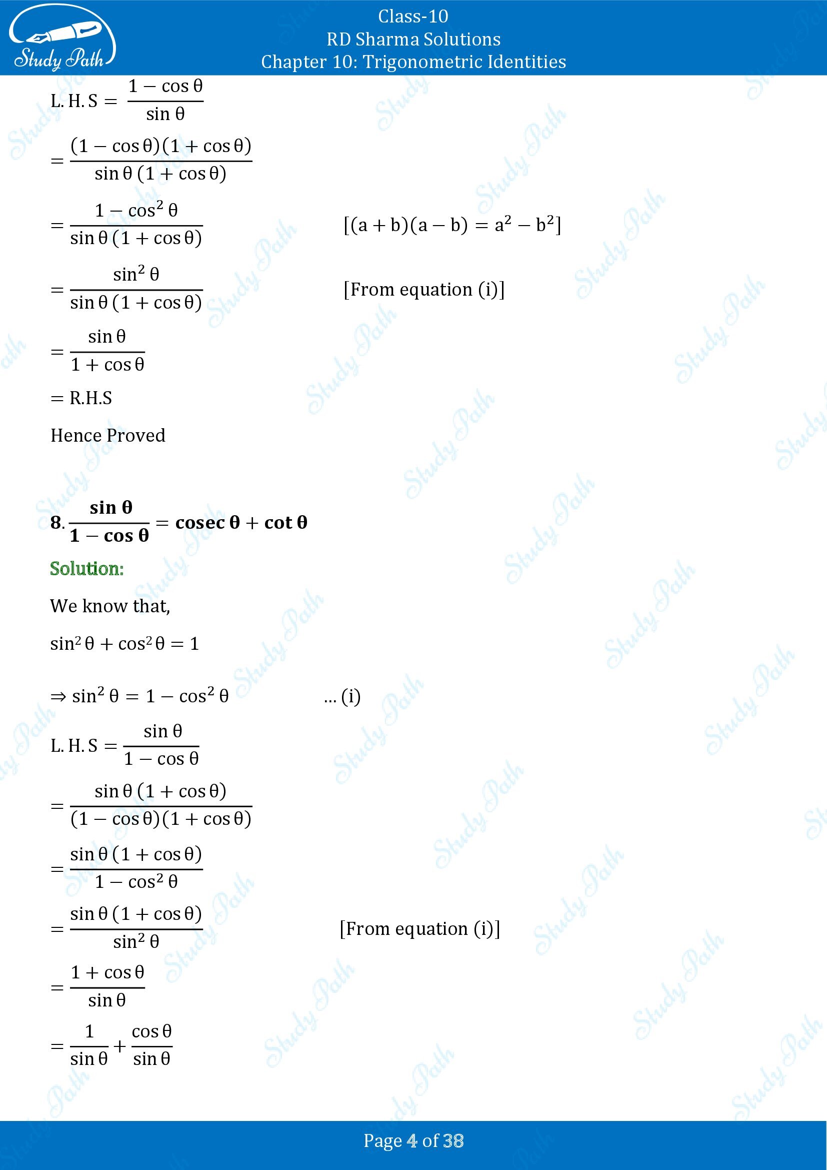 RD Sharma Solutions Class 10 Chapter 10 Trigonometric Identities Exercise 10.1 00004