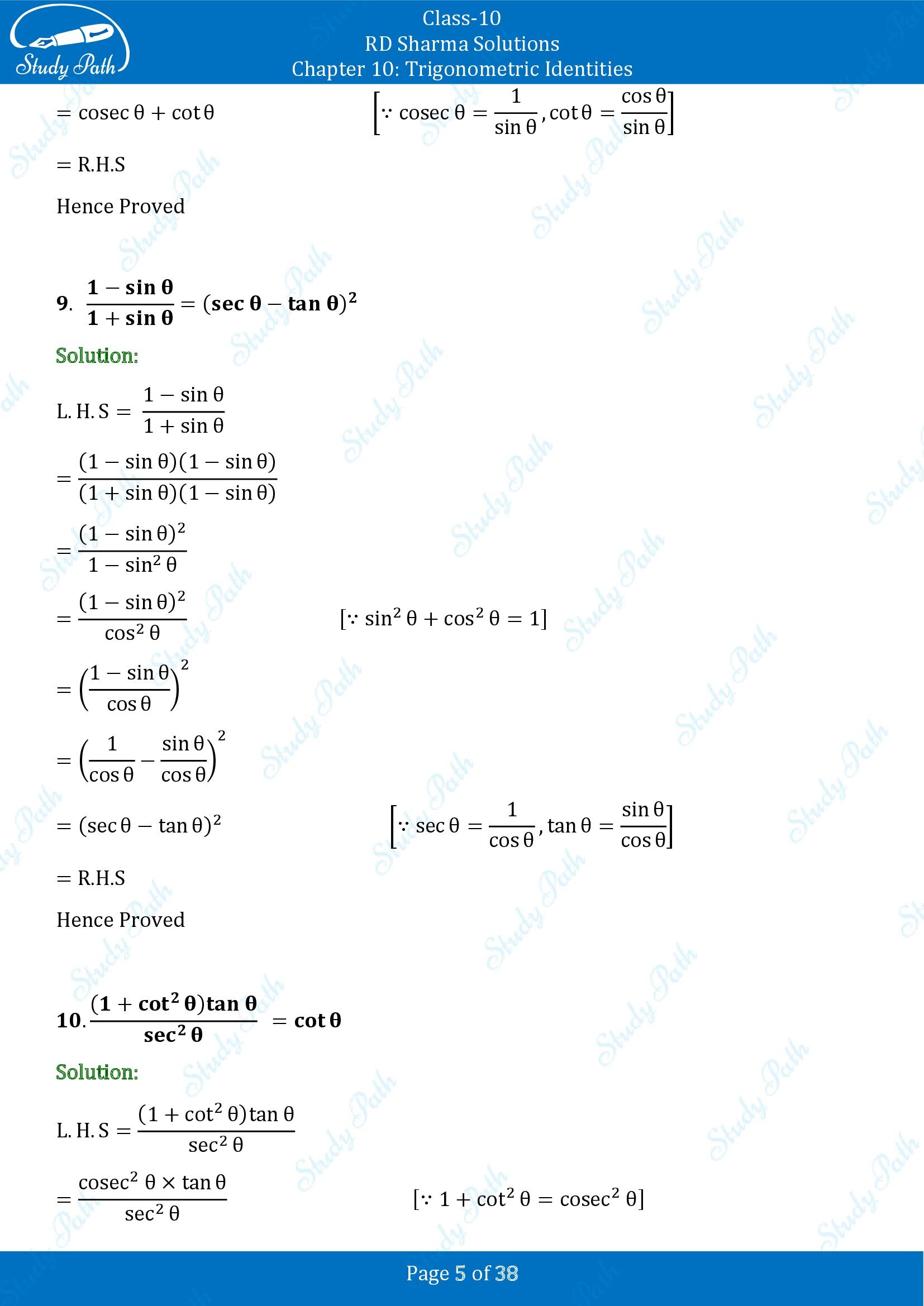 RD Sharma Solutions Class 10 Chapter 10 Trigonometric Identities Exercise 10.1 00005