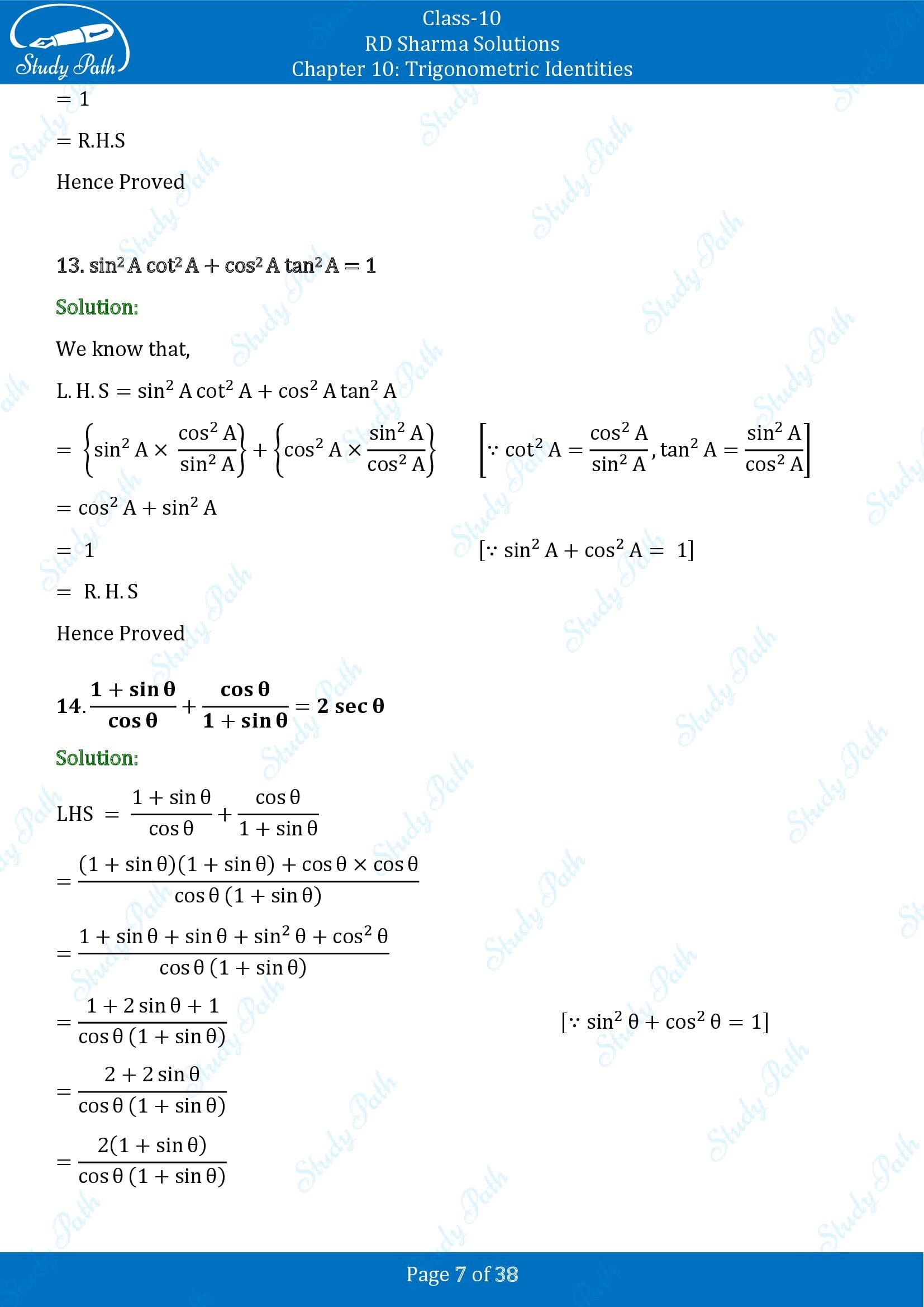 RD Sharma Solutions Class 10 Chapter 10 Trigonometric Identities Exercise 10.1 00007