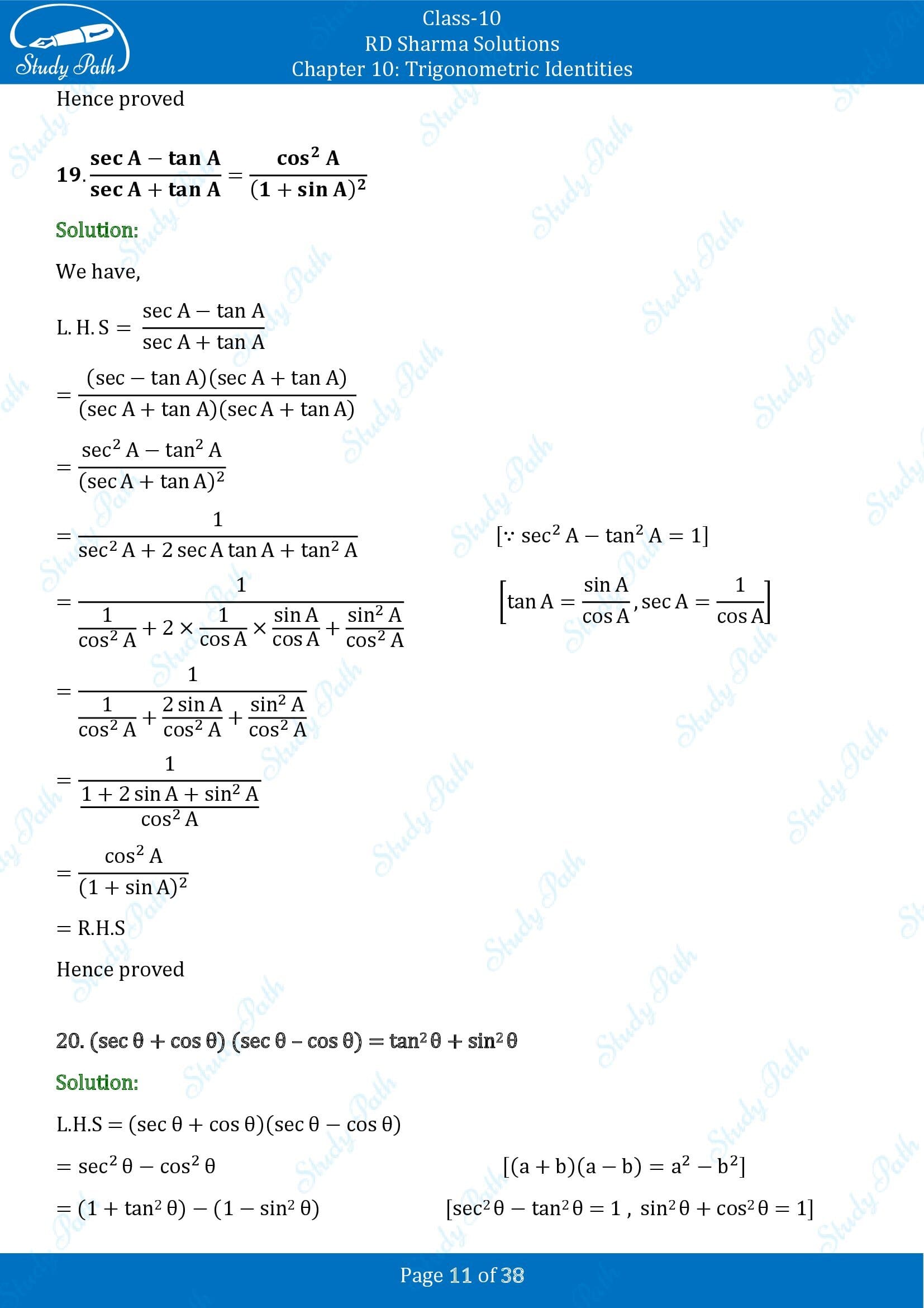 RD Sharma Solutions Class 10 Chapter 10 Trigonometric Identities Exercise 10.1 00011