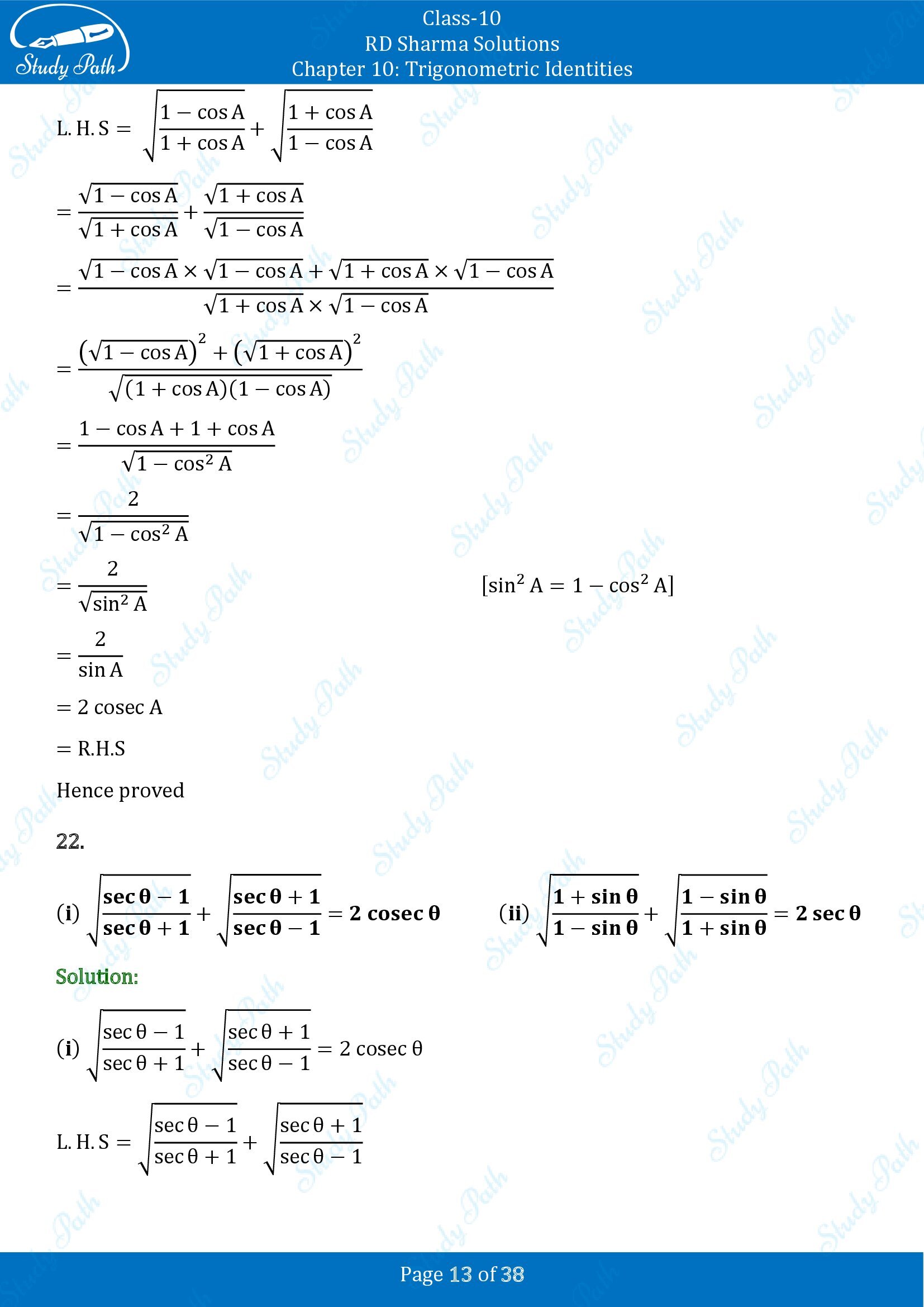 RD Sharma Solutions Class 10 Chapter 10 Trigonometric Identities Exercise 10.1 00013