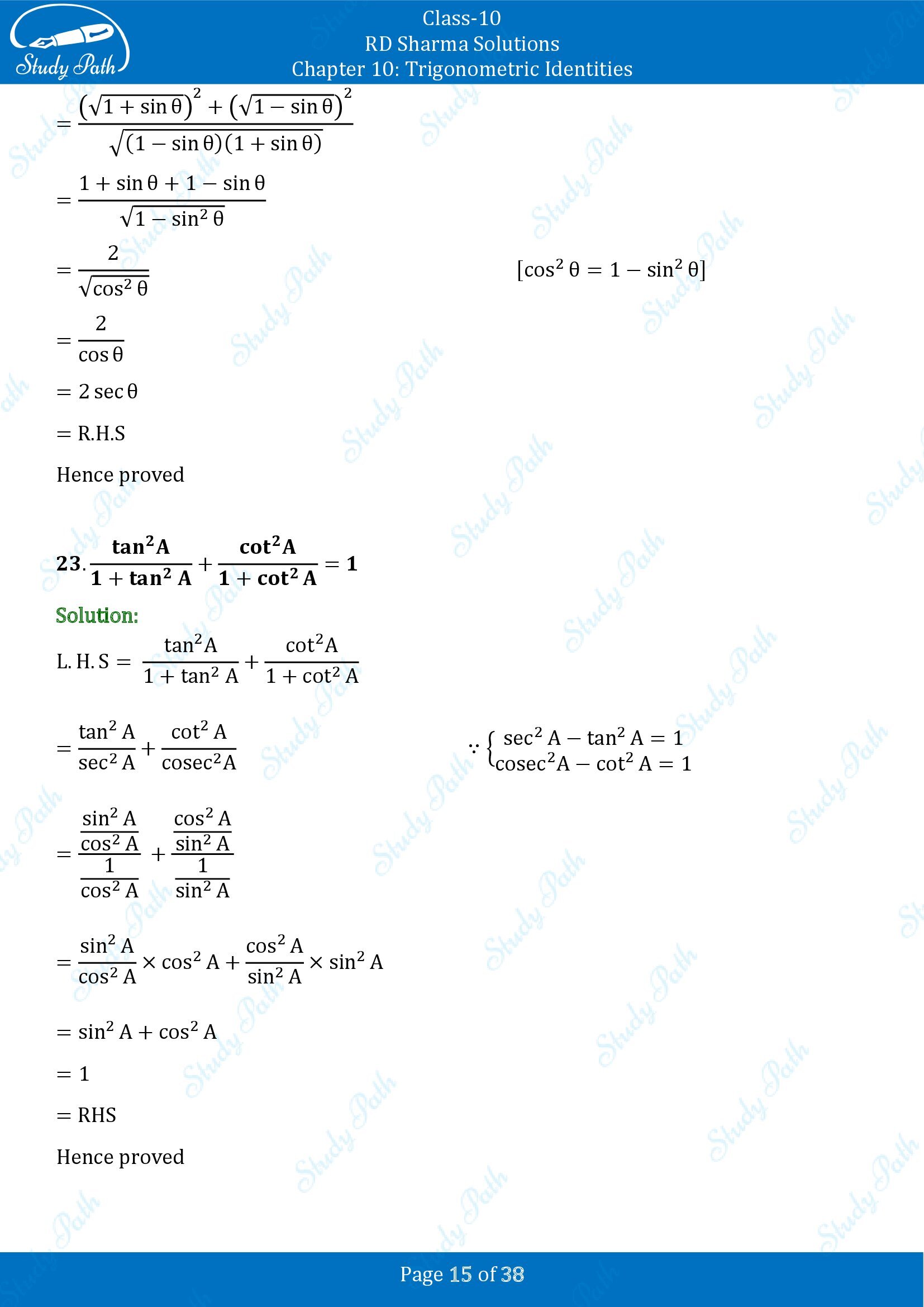 RD Sharma Solutions Class 10 Chapter 10 Trigonometric Identities Exercise 10.1 00015