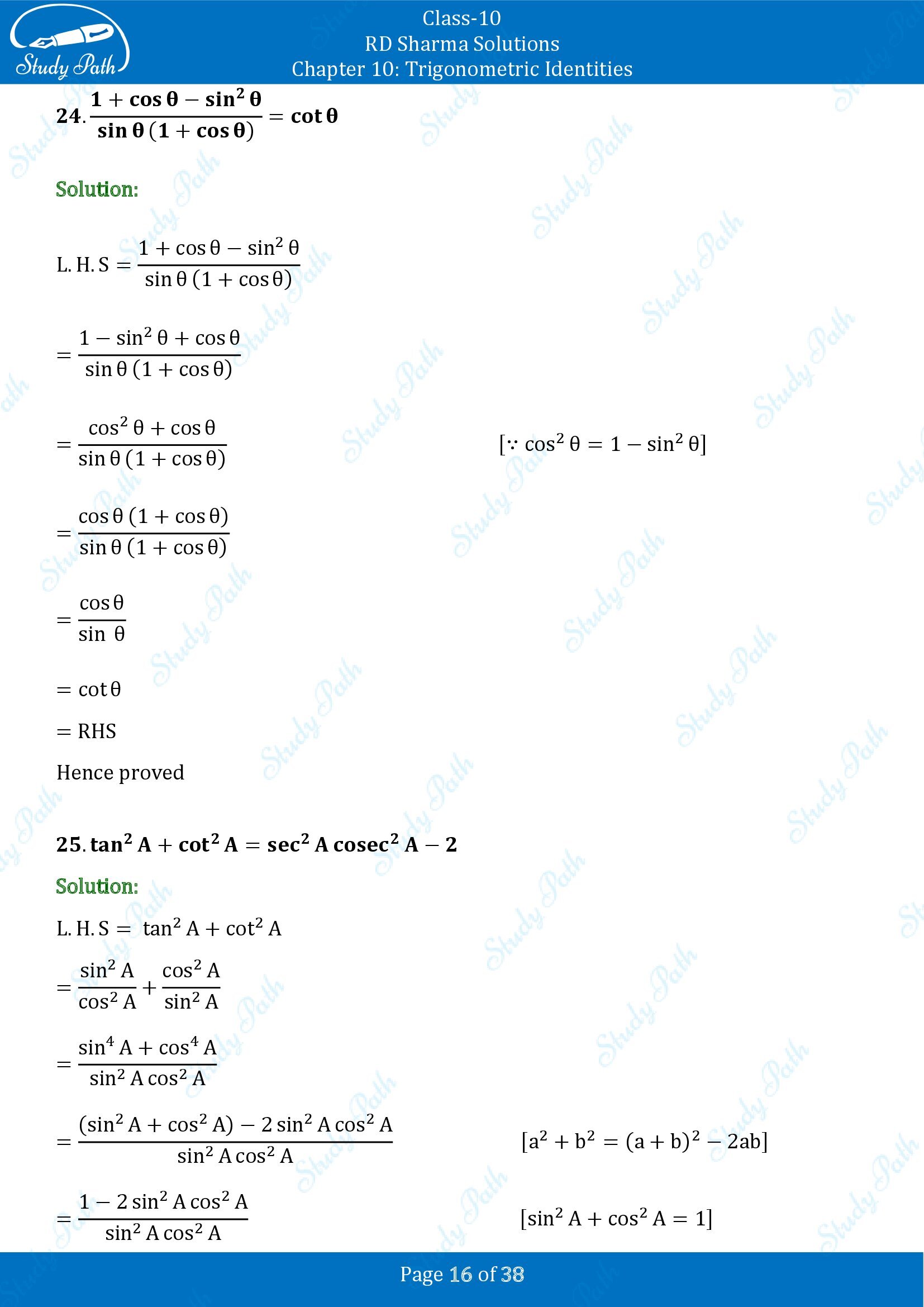 RD Sharma Solutions Class 10 Chapter 10 Trigonometric Identities Exercise 10.1 00016