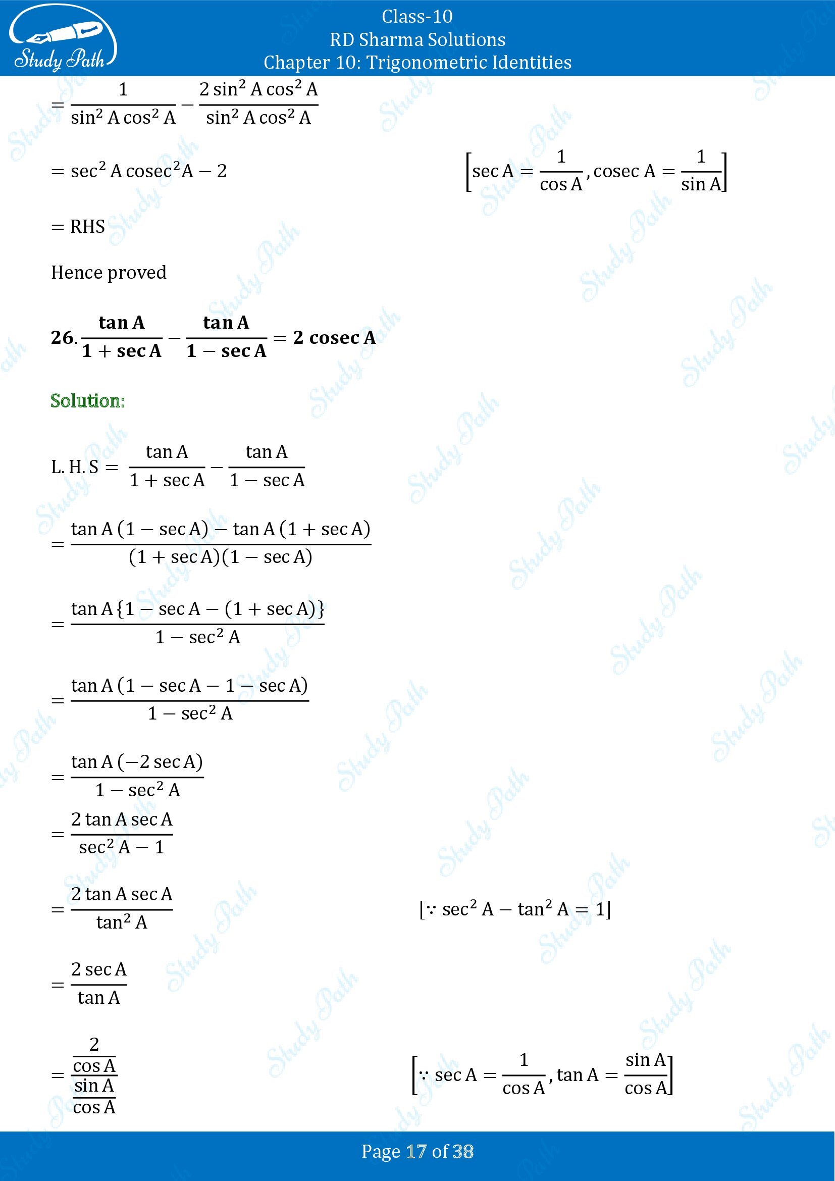 RD Sharma Solutions Class 10 Chapter 10 Trigonometric Identities Exercise 10.1 00017