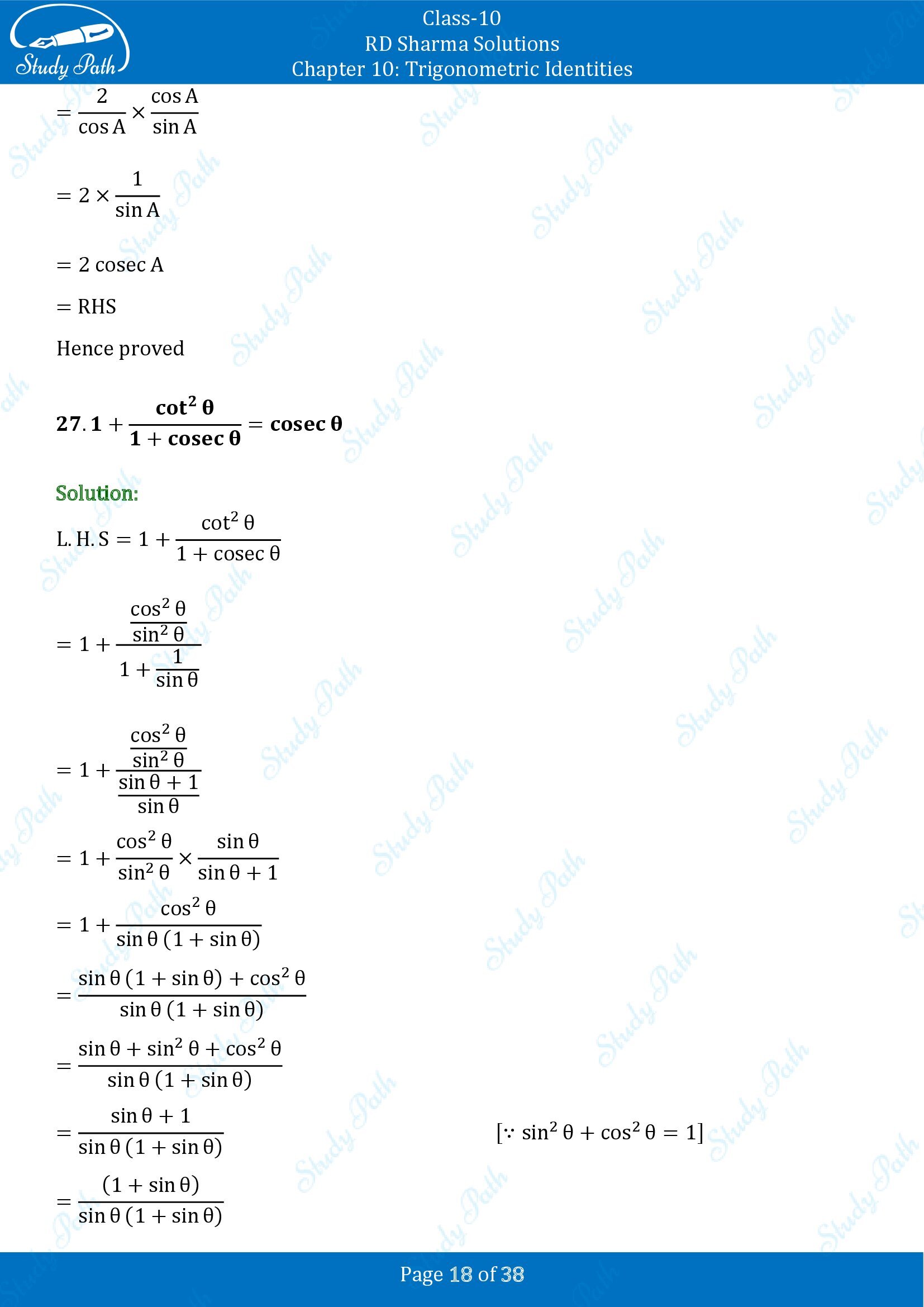 RD Sharma Solutions Class 10 Chapter 10 Trigonometric Identities Exercise 10.1 00018