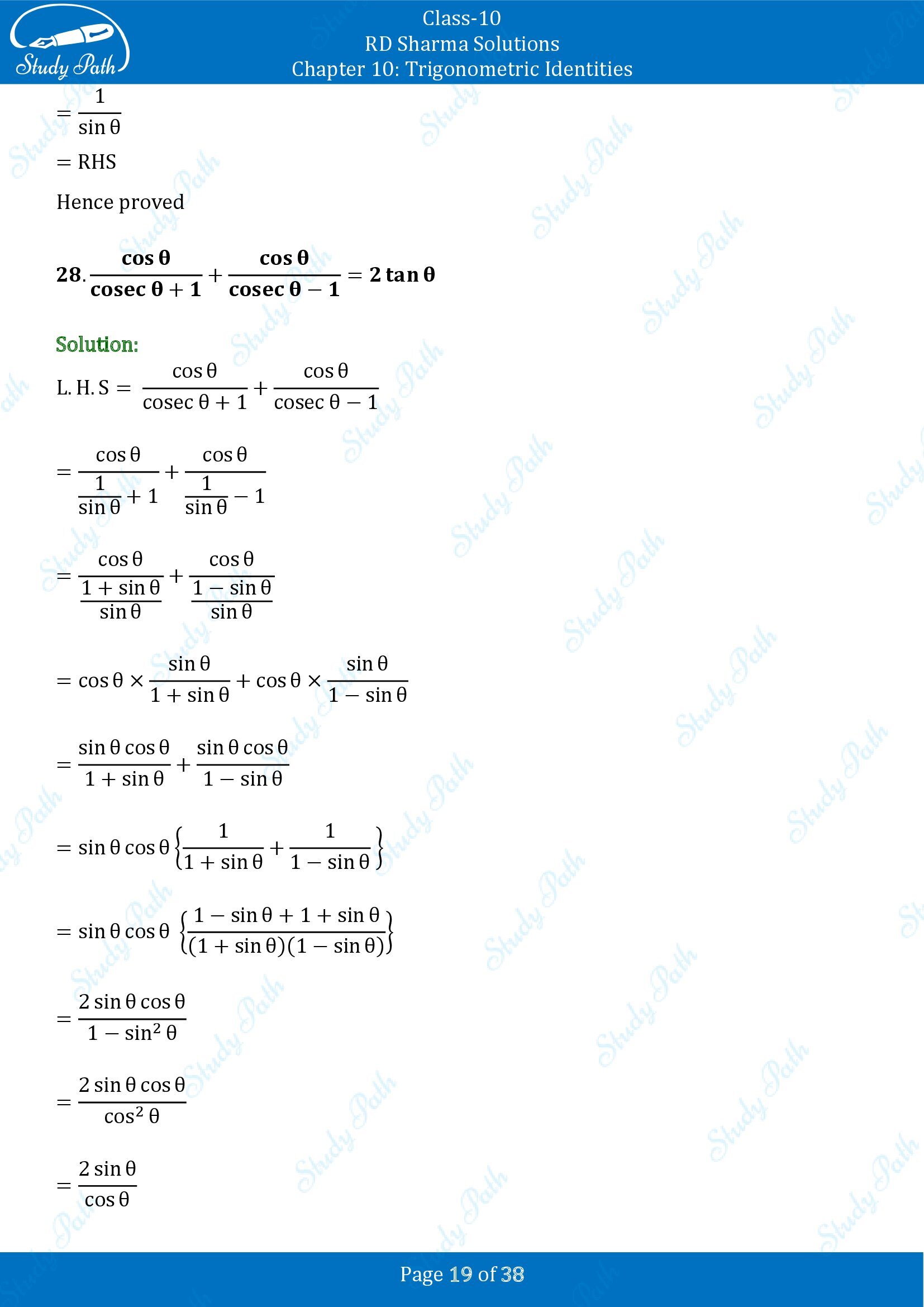 RD Sharma Solutions Class 10 Chapter 10 Trigonometric Identities Exercise 10.1 00019