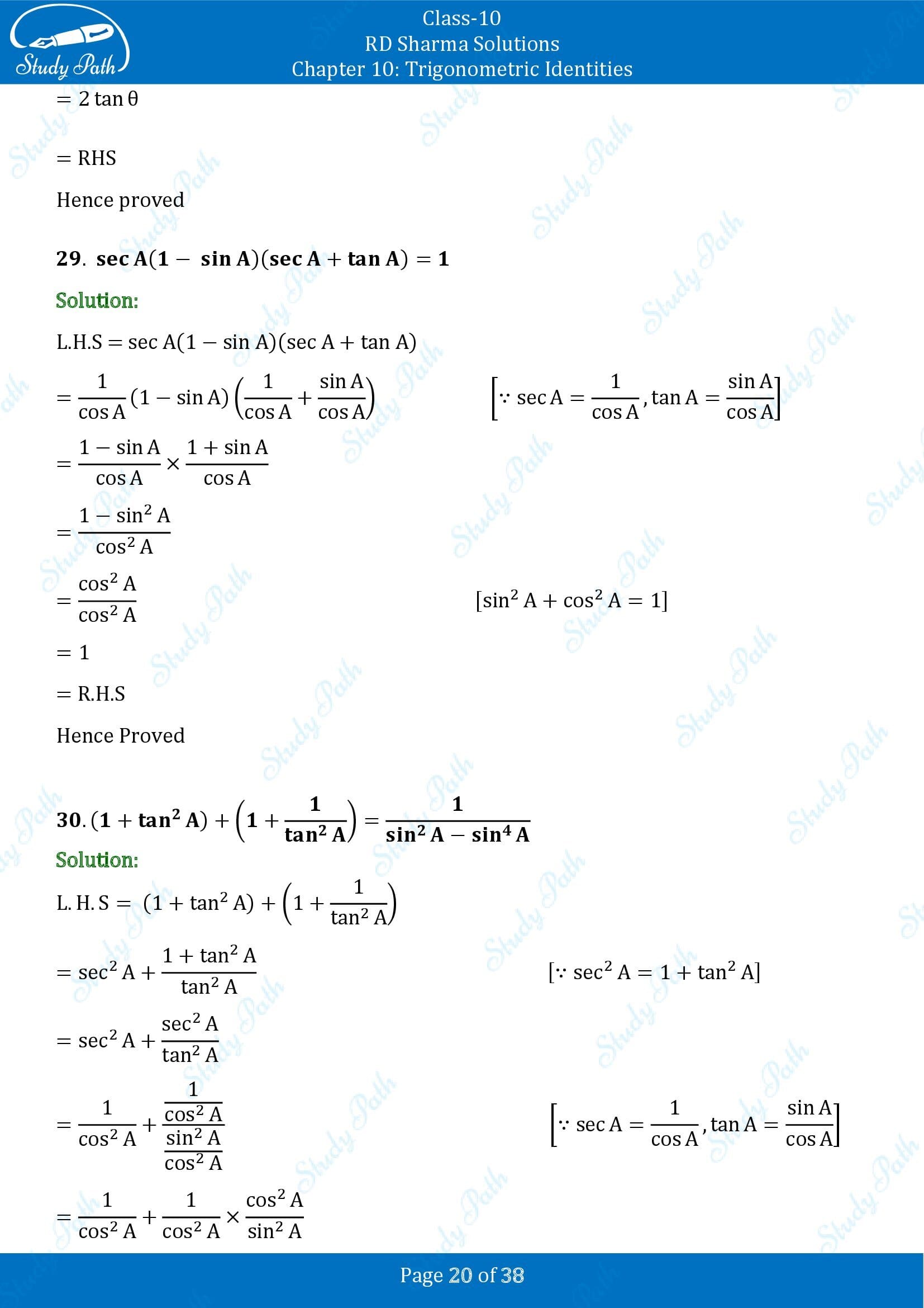 RD Sharma Solutions Class 10 Chapter 10 Trigonometric Identities Exercise 10.1 00020