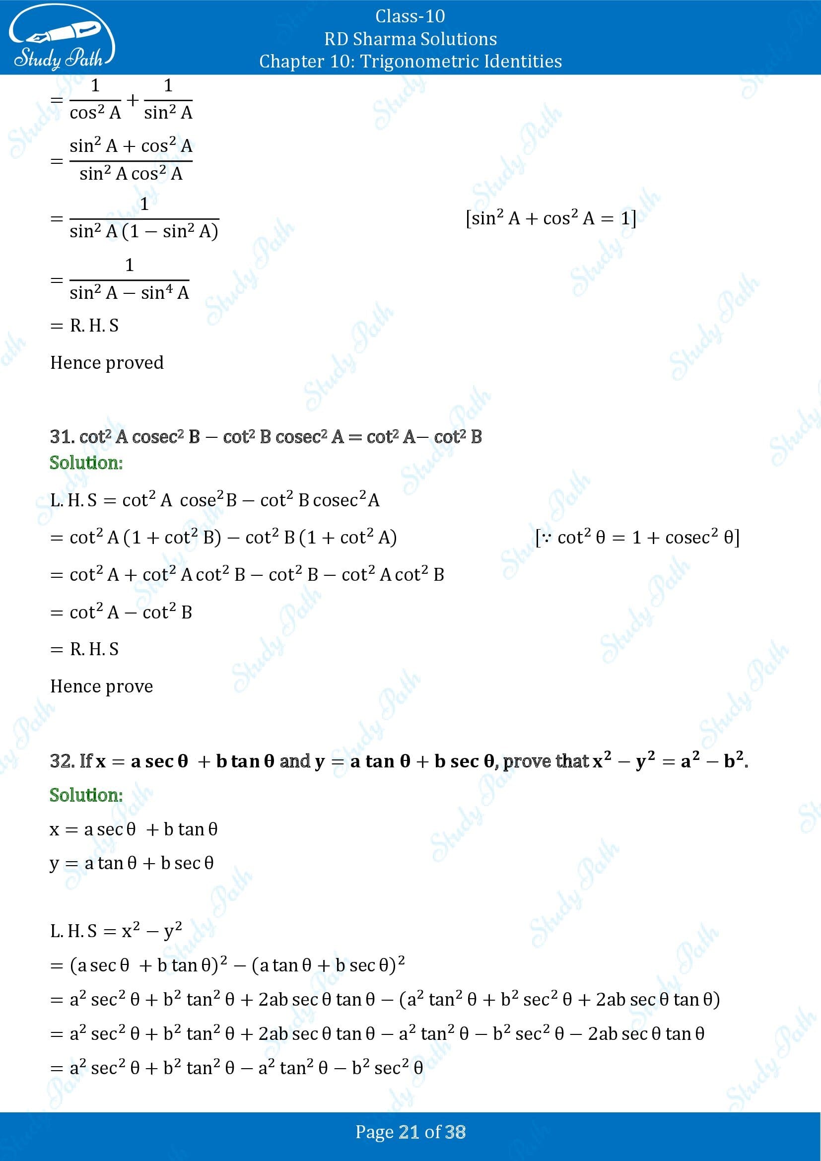 RD Sharma Solutions Class 10 Chapter 10 Trigonometric Identities Exercise 10.1 00021