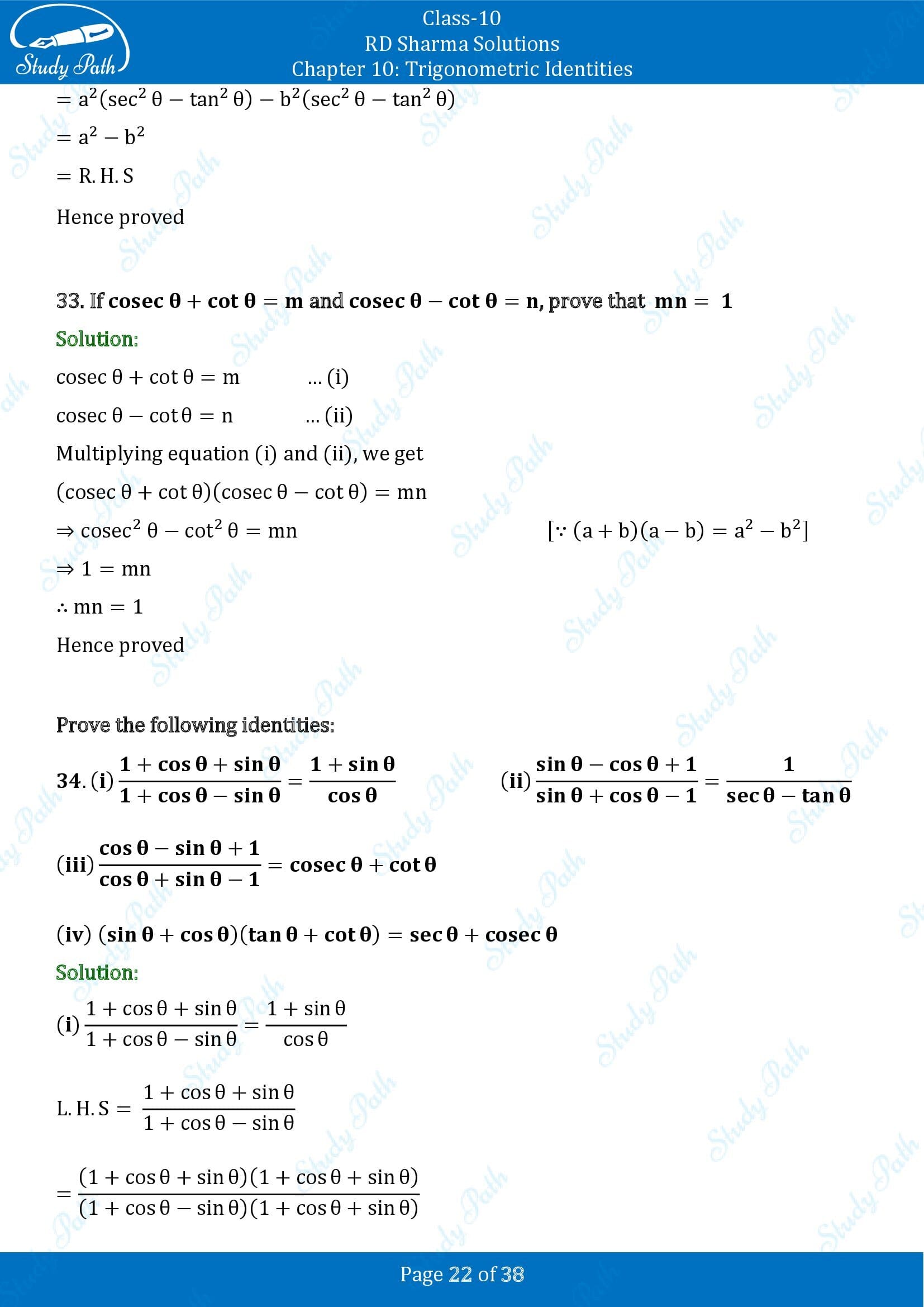 RD Sharma Solutions Class 10 Chapter 10 Trigonometric Identities Exercise 10.1 00022