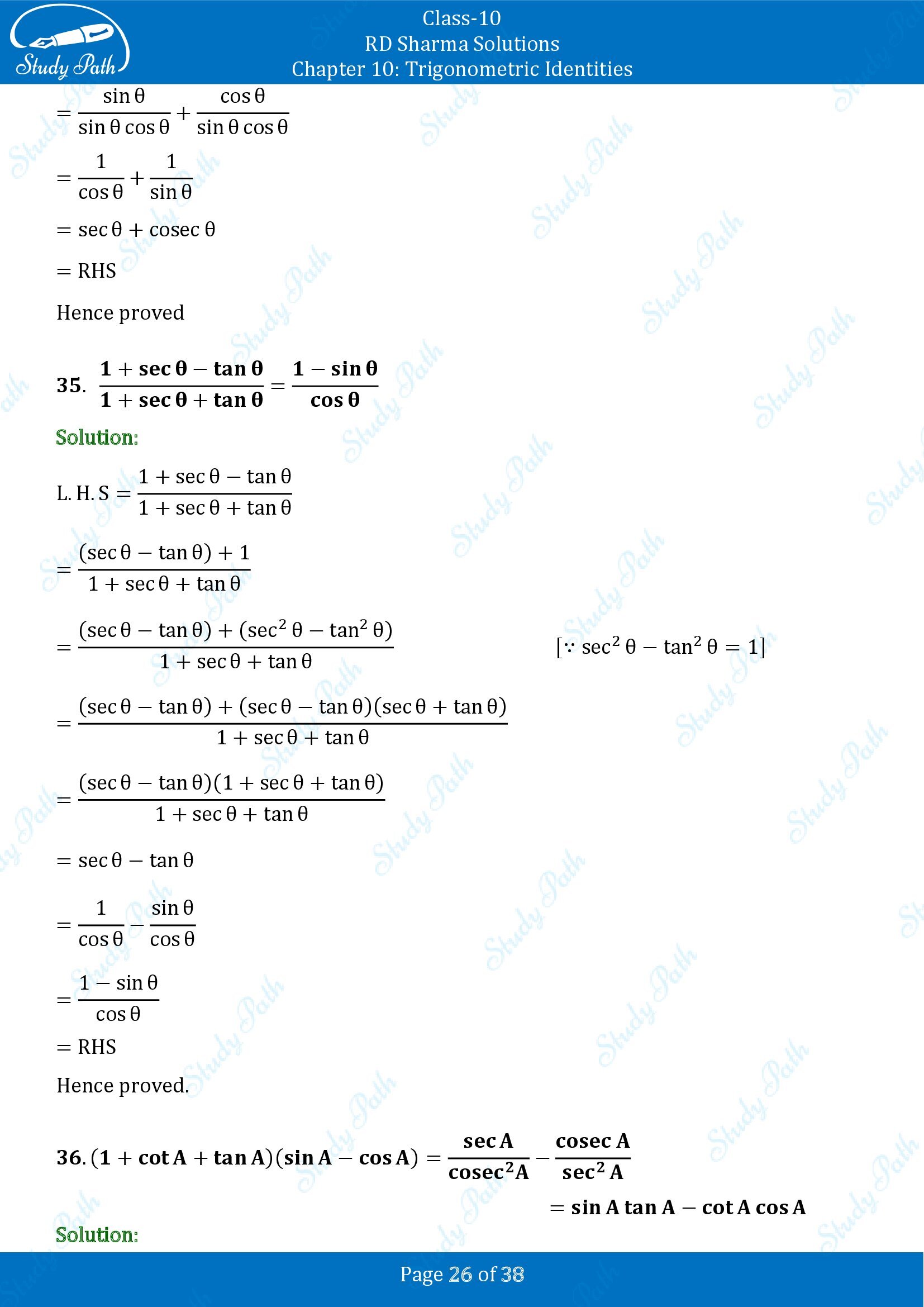 RD Sharma Solutions Class 10 Chapter 10 Trigonometric Identities Exercise 10.1 00026