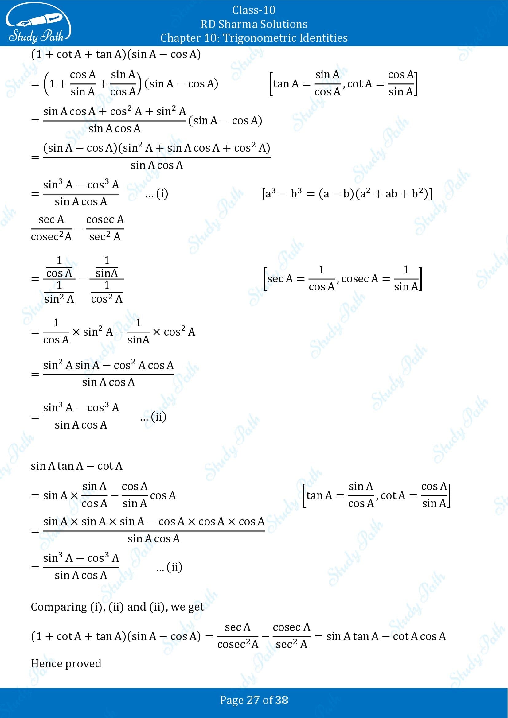 RD Sharma Solutions Class 10 Chapter 10 Trigonometric Identities Exercise 10.1 00027