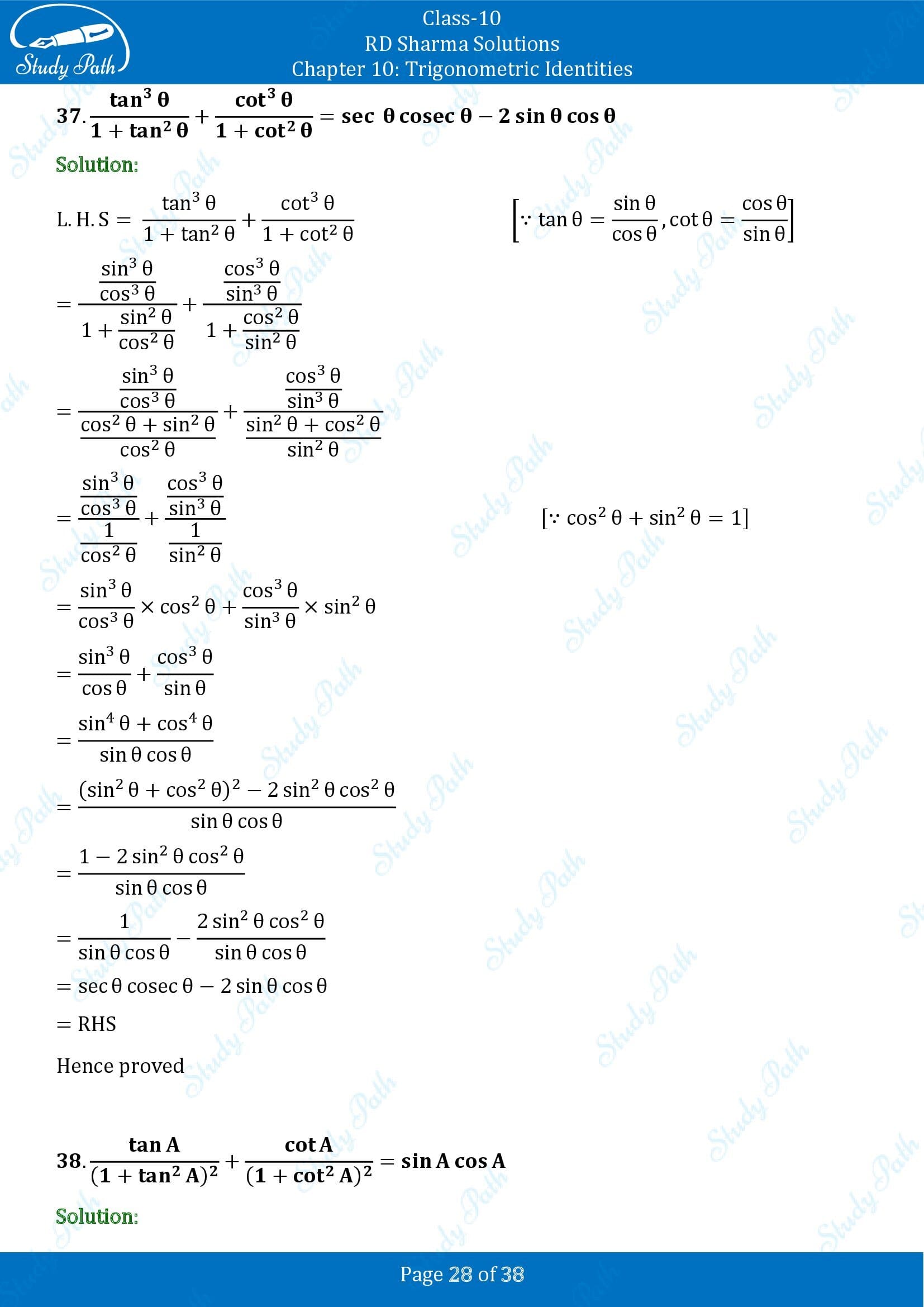 RD Sharma Solutions Class 10 Chapter 10 Trigonometric Identities Exercise 10.1 00028