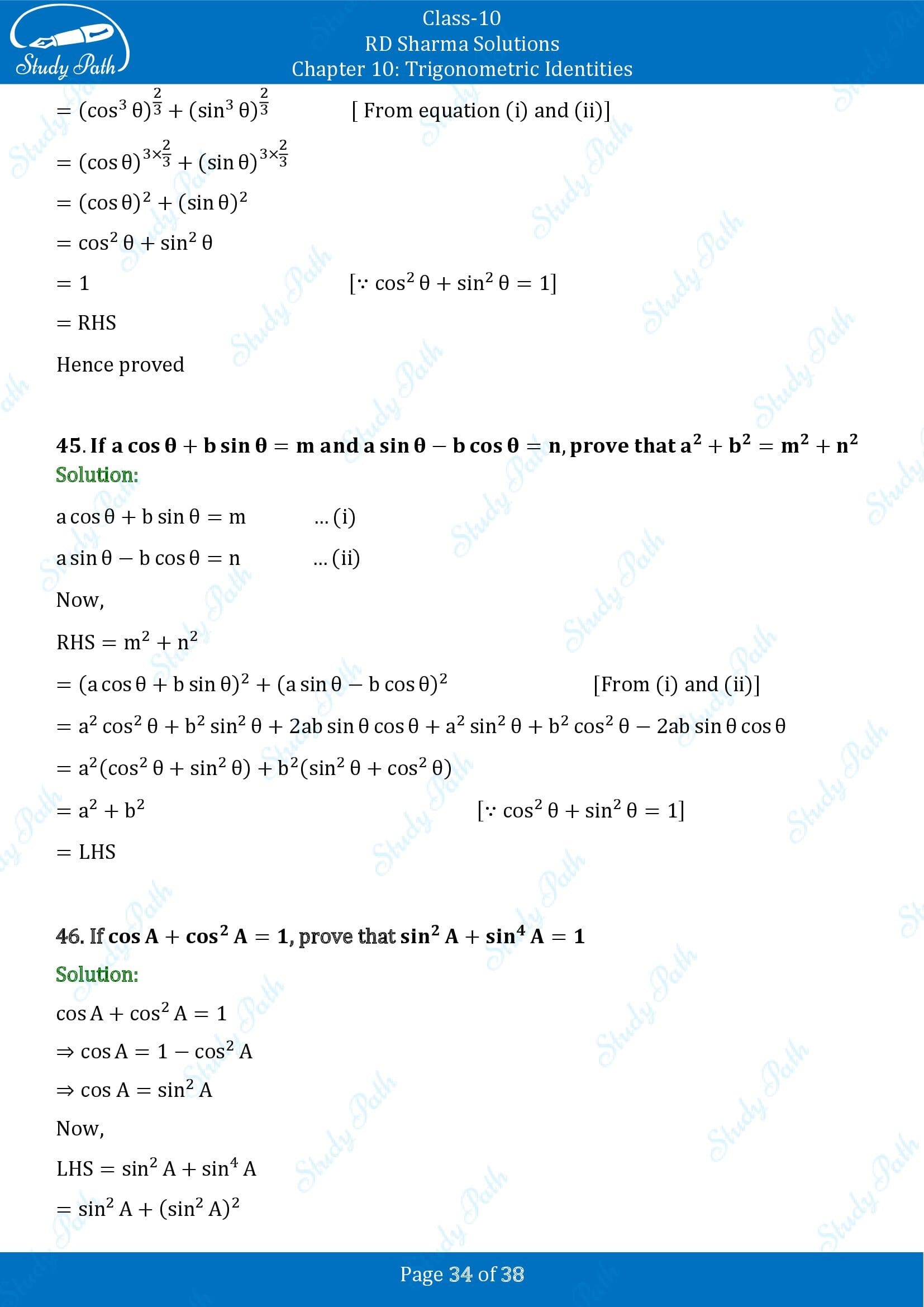 RD Sharma Solutions Class 10 Chapter 10 Trigonometric Identities Exercise 10.1 00034