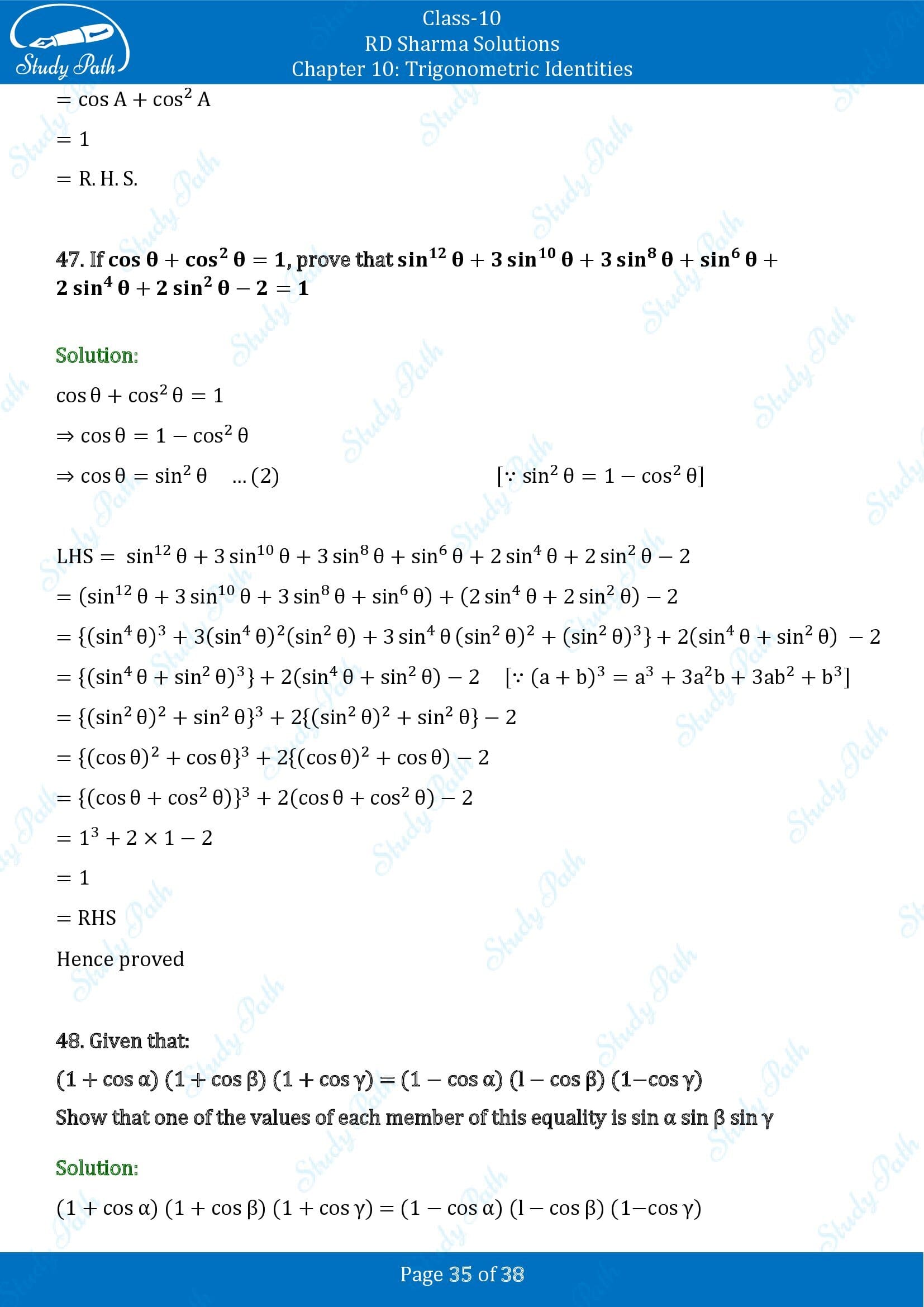 RD Sharma Solutions Class 10 Chapter 10 Trigonometric Identities Exercise 10.1 00035