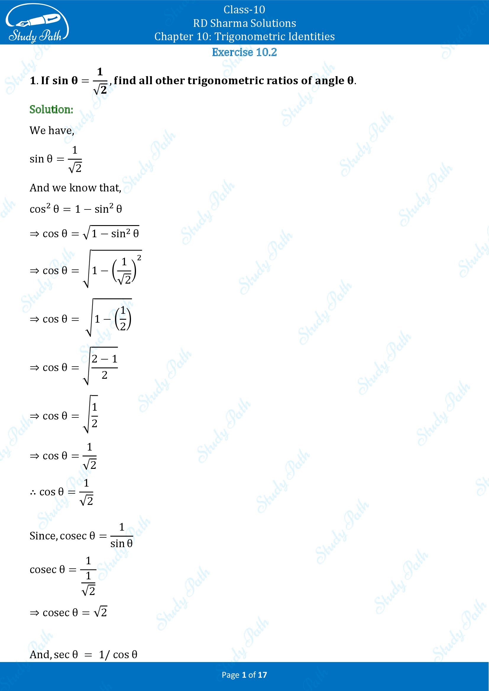 RD Sharma Solutions Class 10 Chapter 10 Trigonometric Identities Exercise 10.2 00001