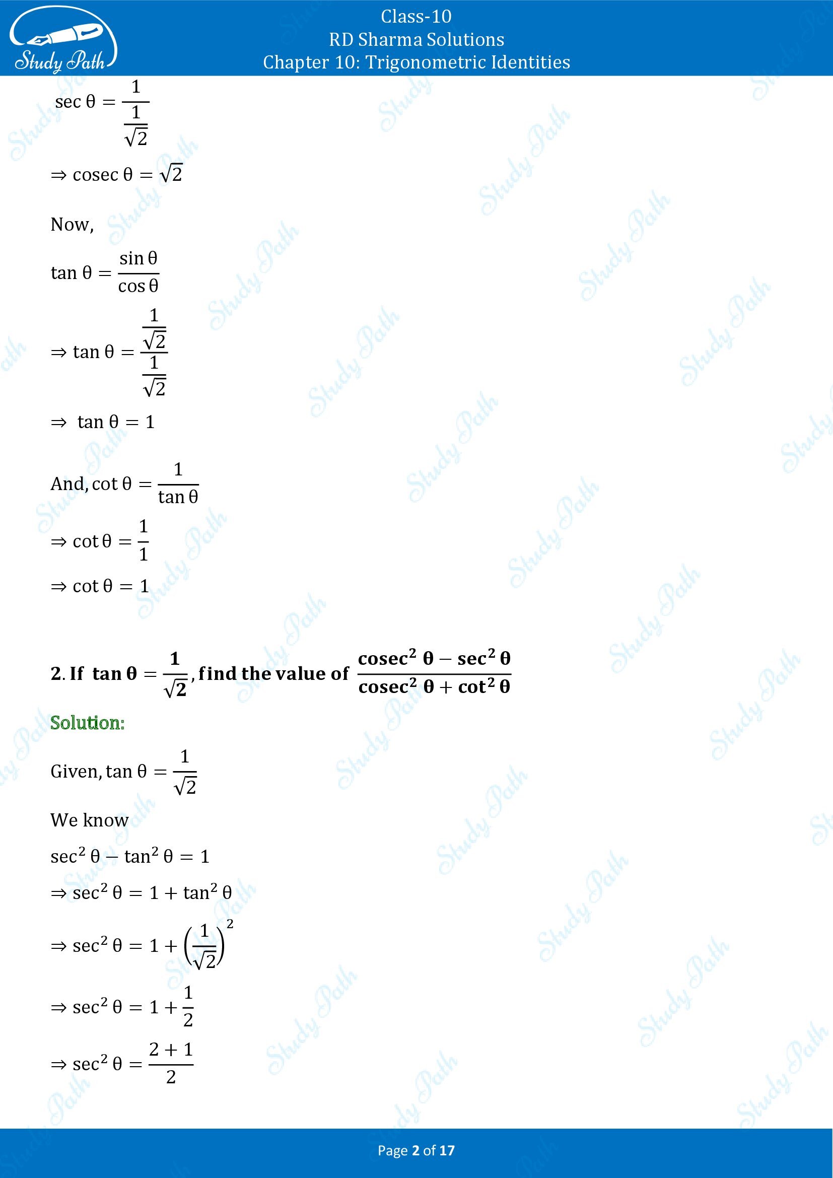 RD Sharma Solutions Class 10 Chapter 10 Trigonometric Identities Exercise 10.2 00002