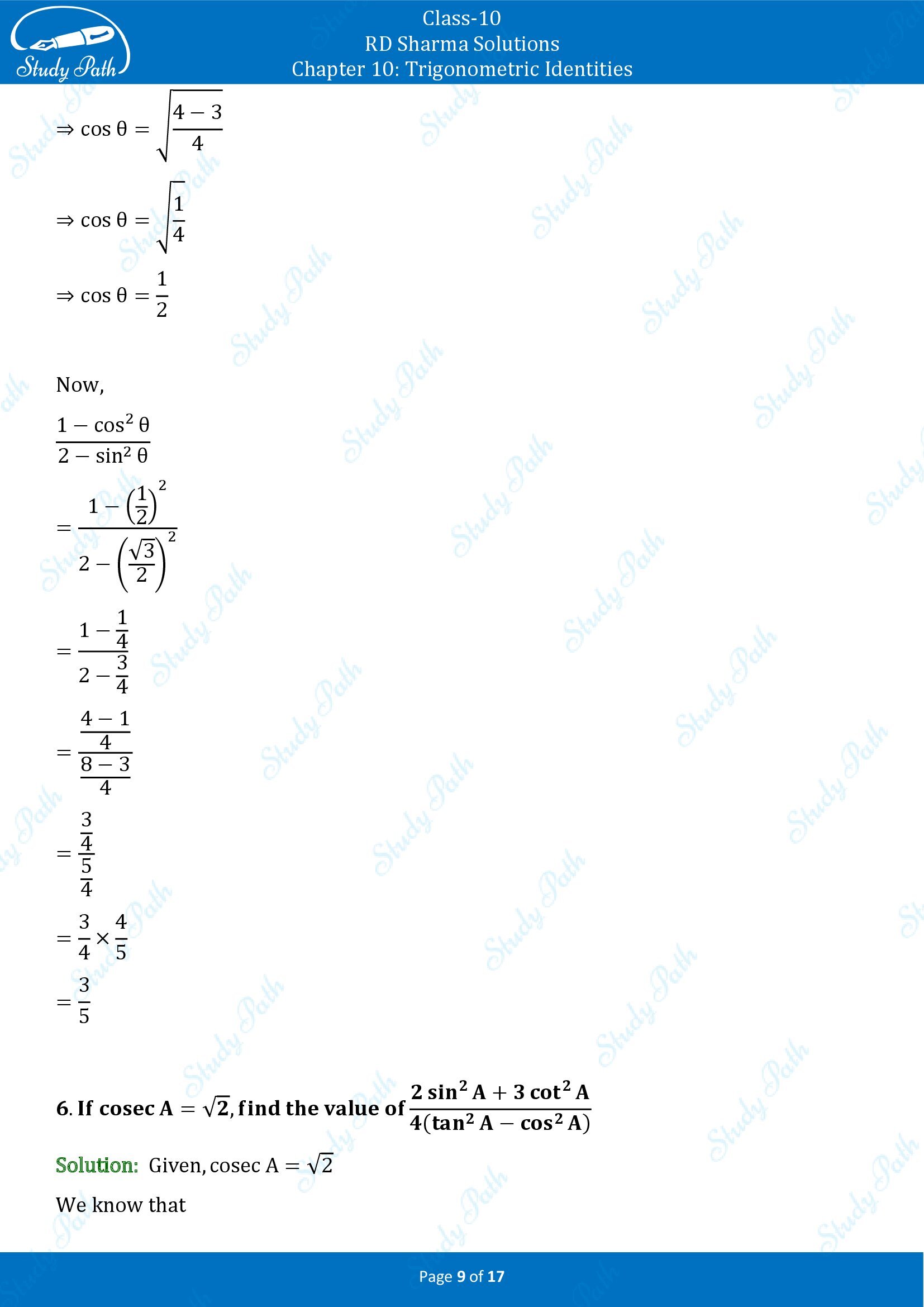 RD Sharma Solutions Class 10 Chapter 10 Trigonometric Identities Exercise 10.2 00009