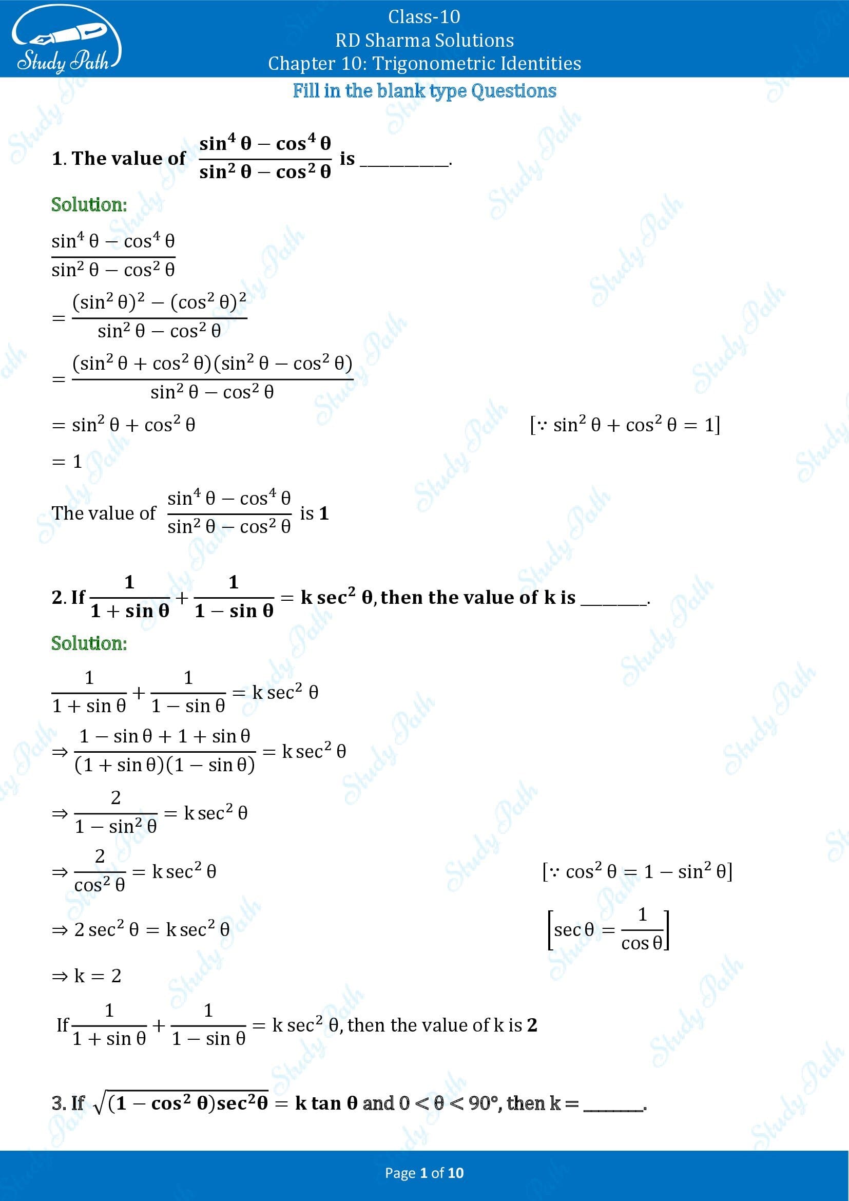 RD Sharma Solutions Class 10 Chapter 10 Trigonometric Identities Fill in the Blank Type Questions FBQs 00001